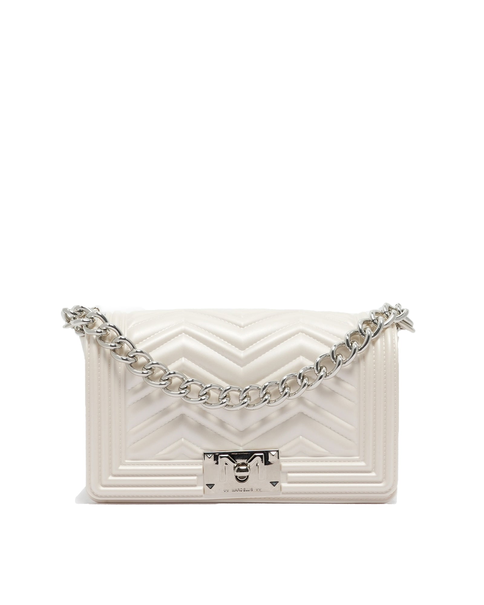 Borsa a mano da donna 100% PVC FLAT S MANHATTAN-OFF BLANC + SILVER Marc Ellis
