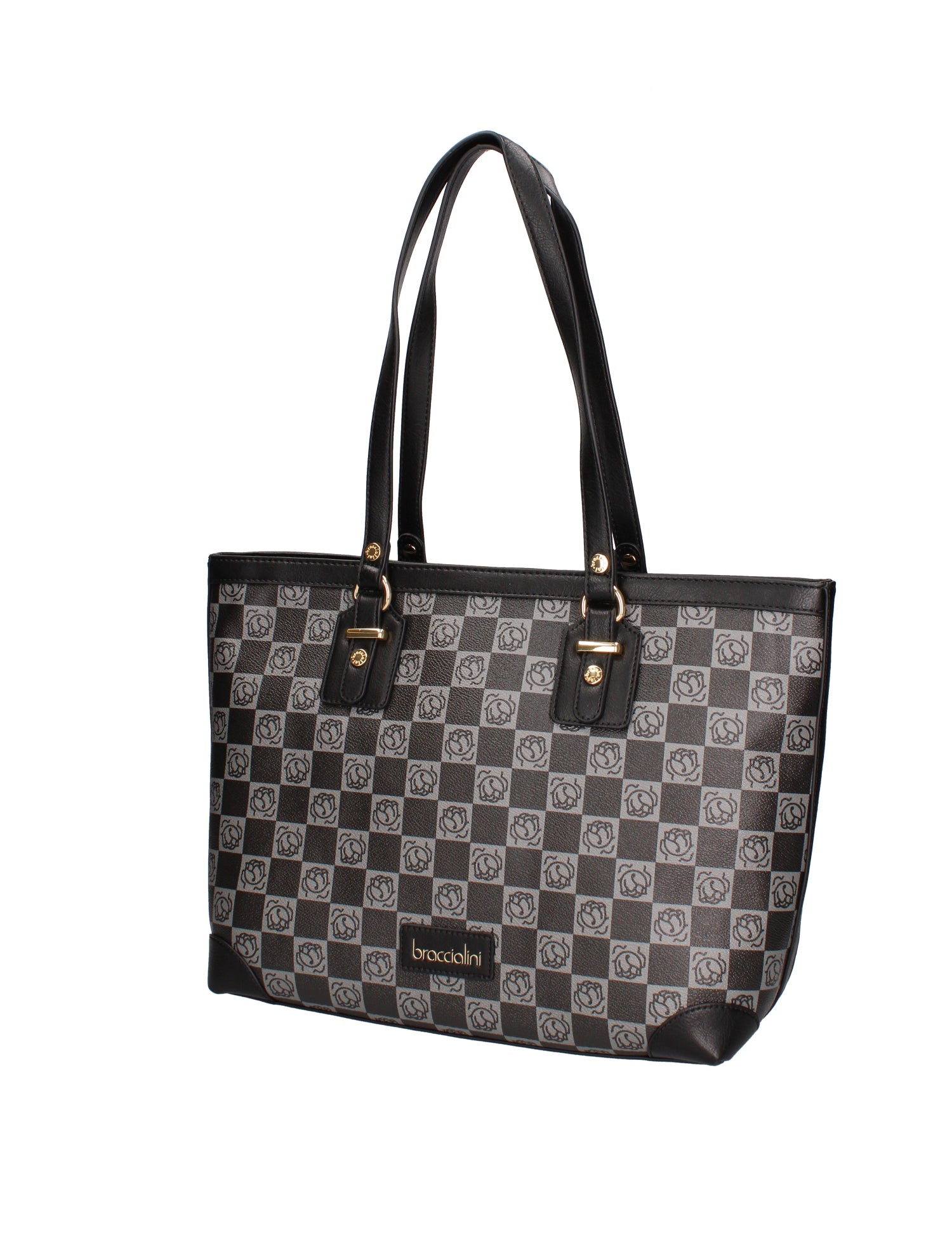 Borsa a spalla con chiusura a zip. Toppa frontale con scritta. Stampa momogram su buccia d'arancia con finiture in materiale sintetico. 43x29x15 cm