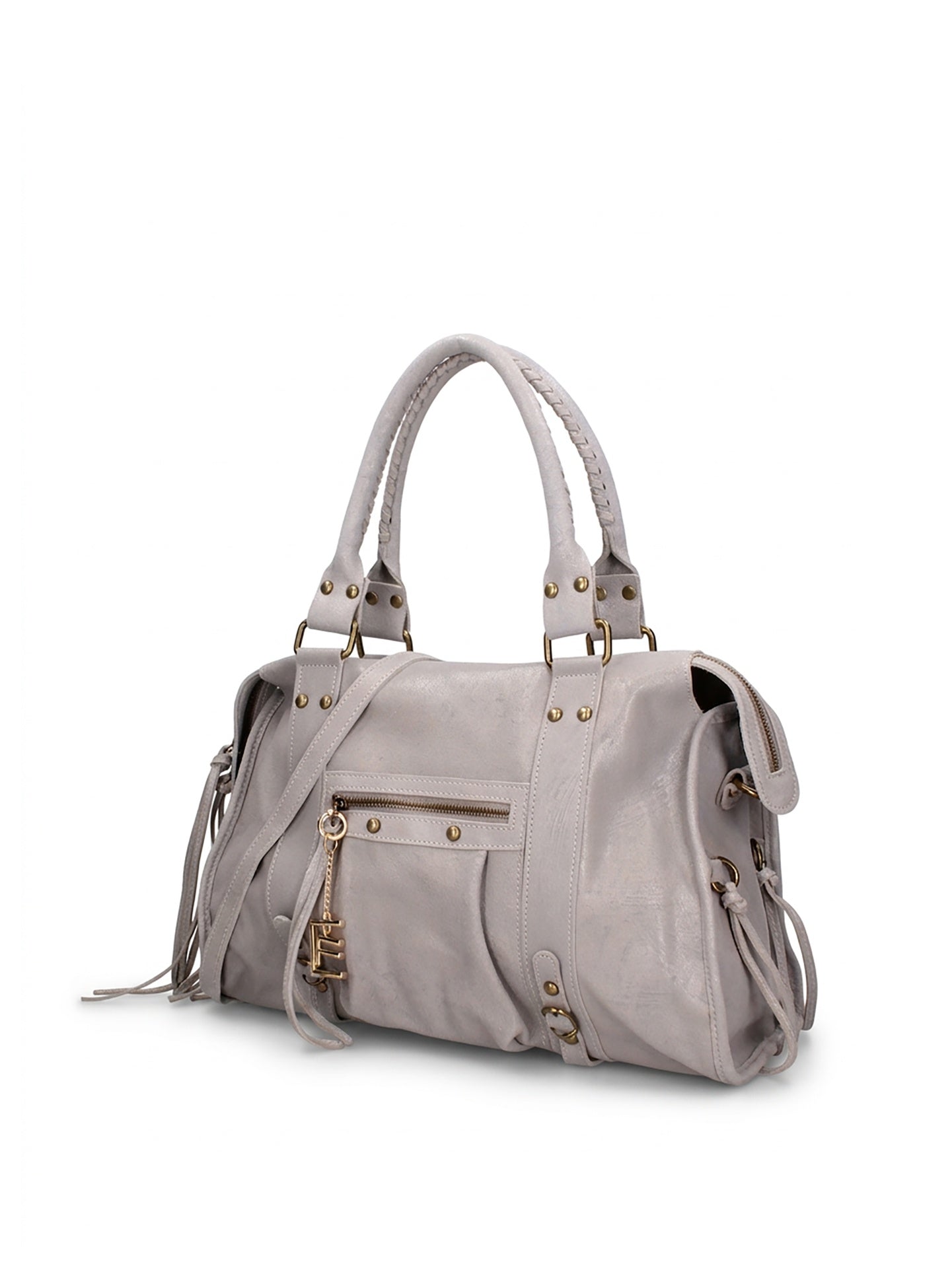 Borsa a Spalla in Genuine Printed Suede Leather Grigio Chiaro