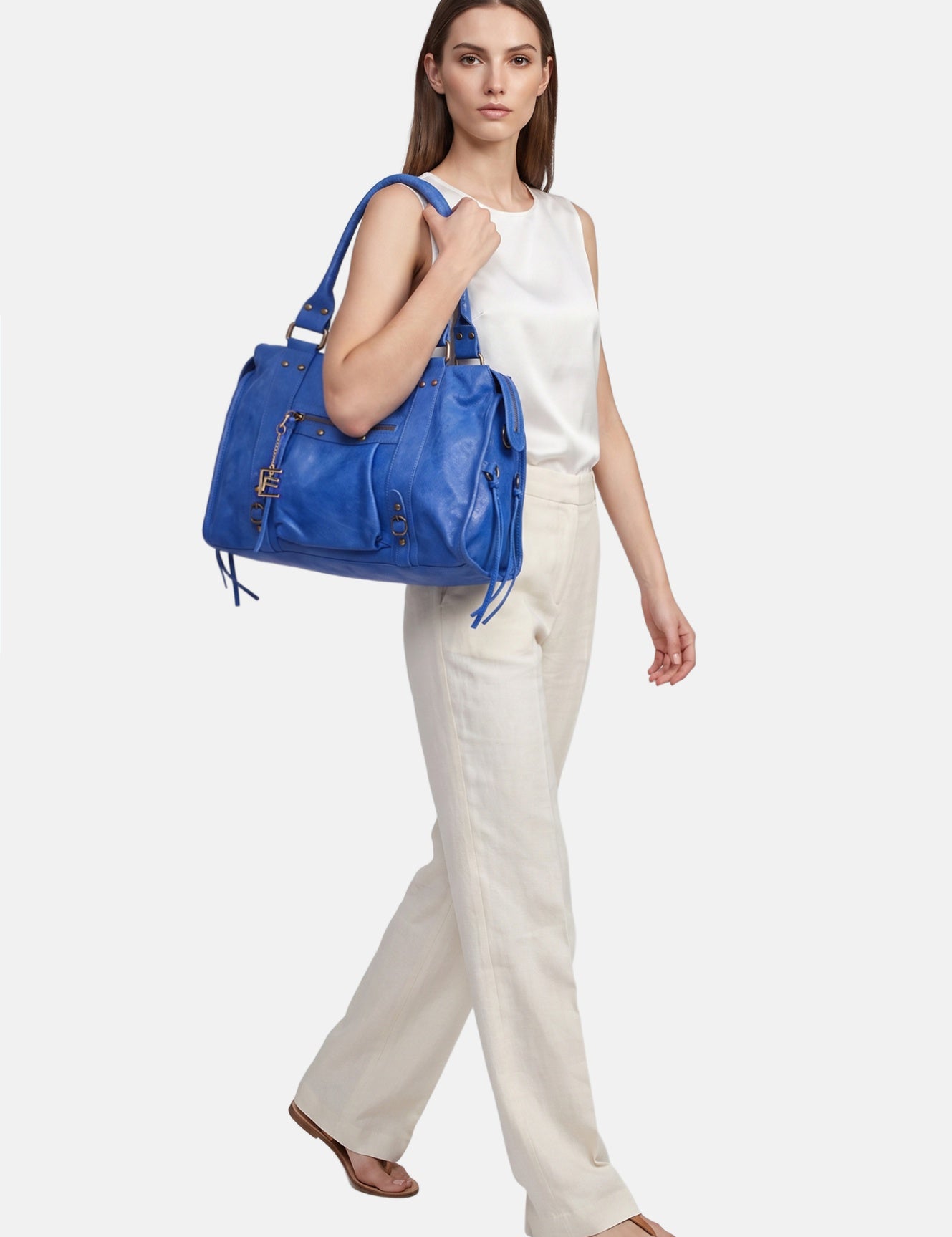 Borsa a Spalla in Genuine Printed Suede Leather Blu