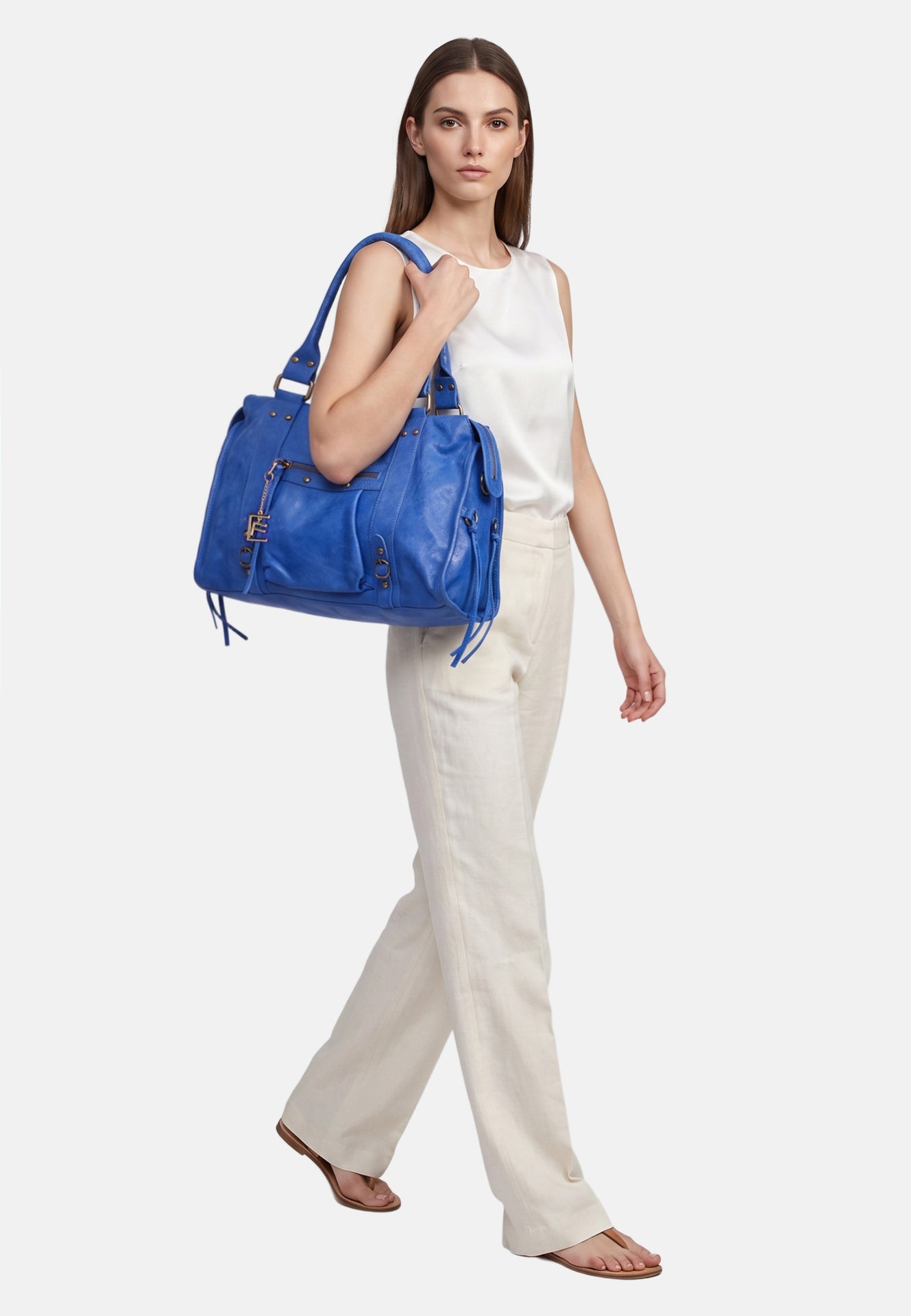 Borsa a Spalla in Genuine Printed Suede Leather Blu