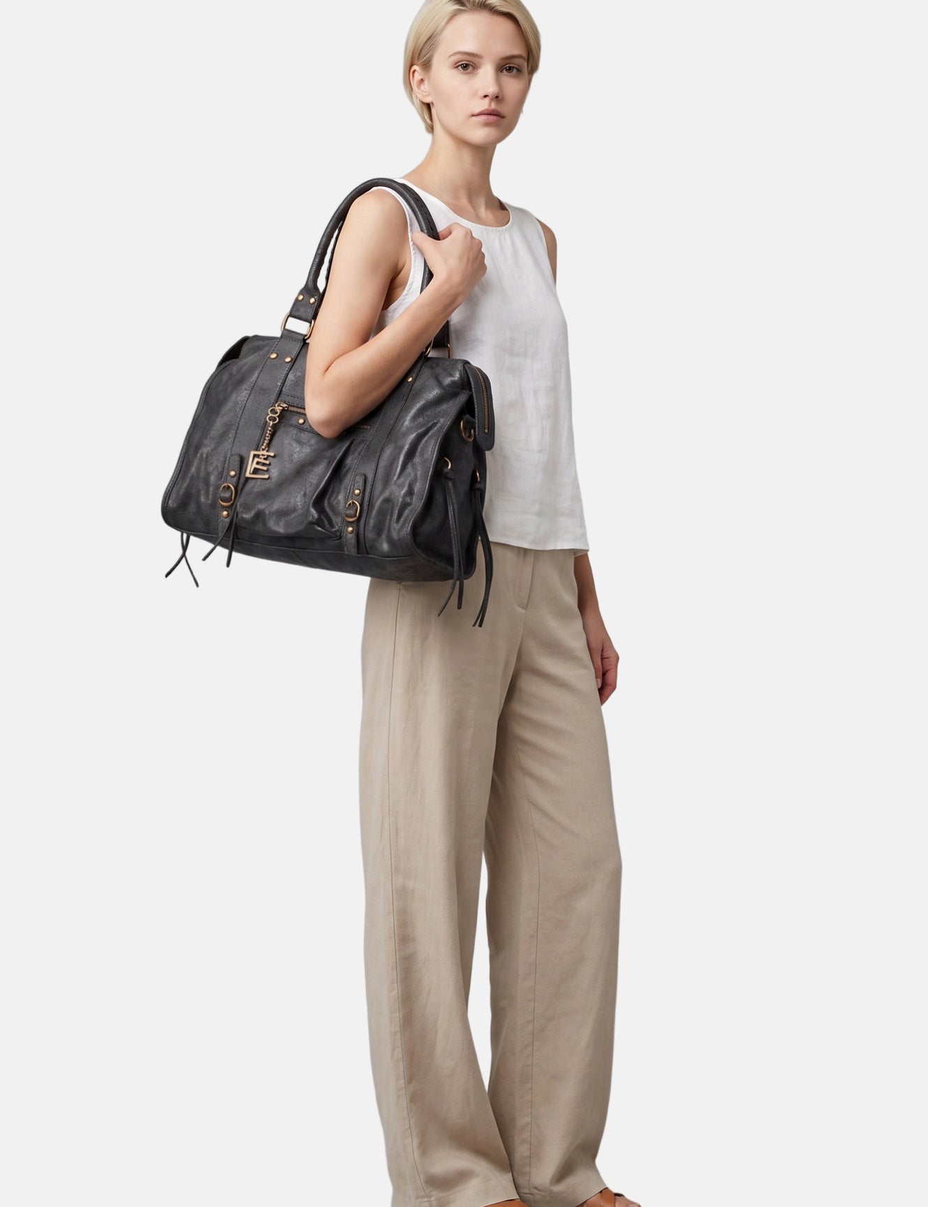 Borsa a Spalla in Genuine Printed Suede Leather Nero