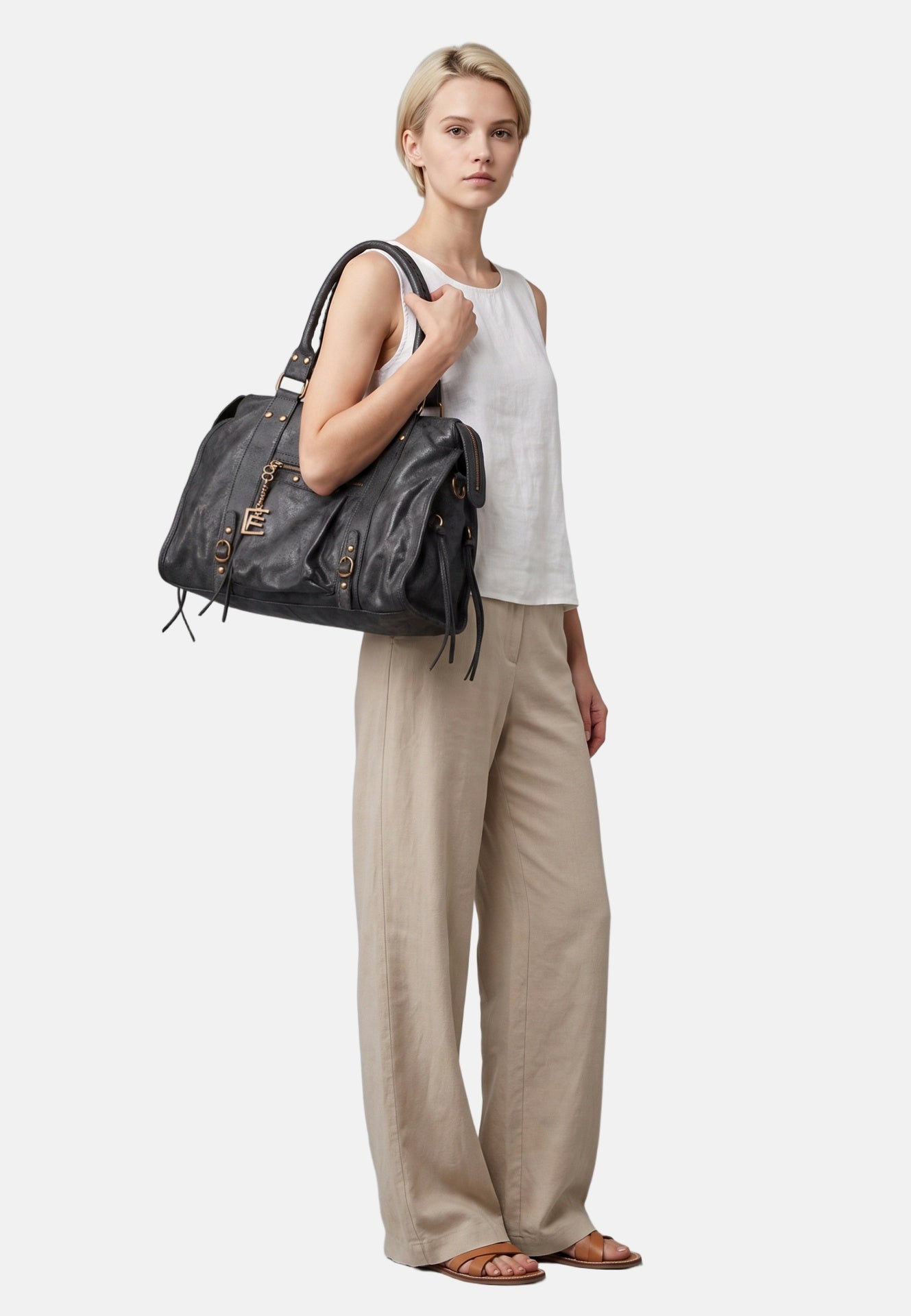 Borsa a Spalla in Genuine Printed Suede Leather Nero