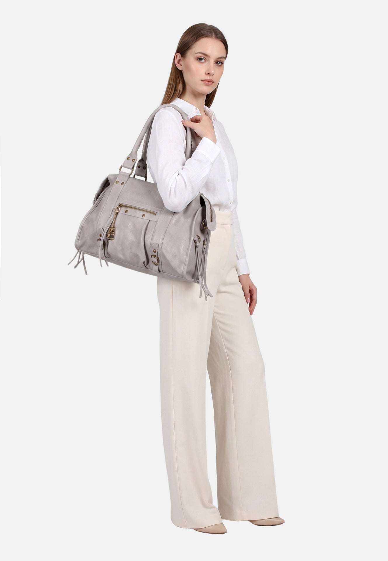 Borsa a Spalla in Genuine Printed Suede Leather Grigio Chiaro