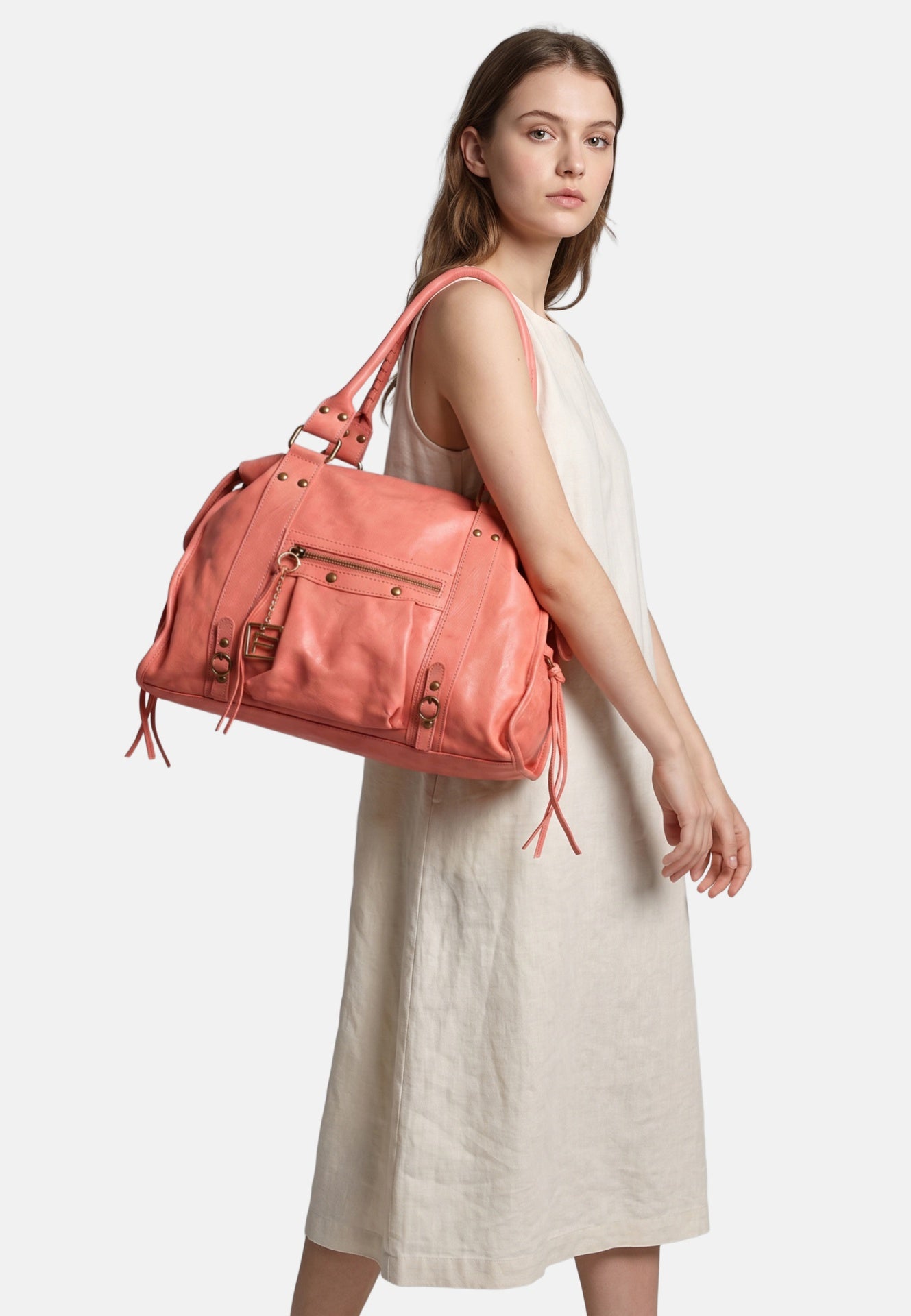 Borsa a Spalla in Genuine Printed Suede Leather Salmone