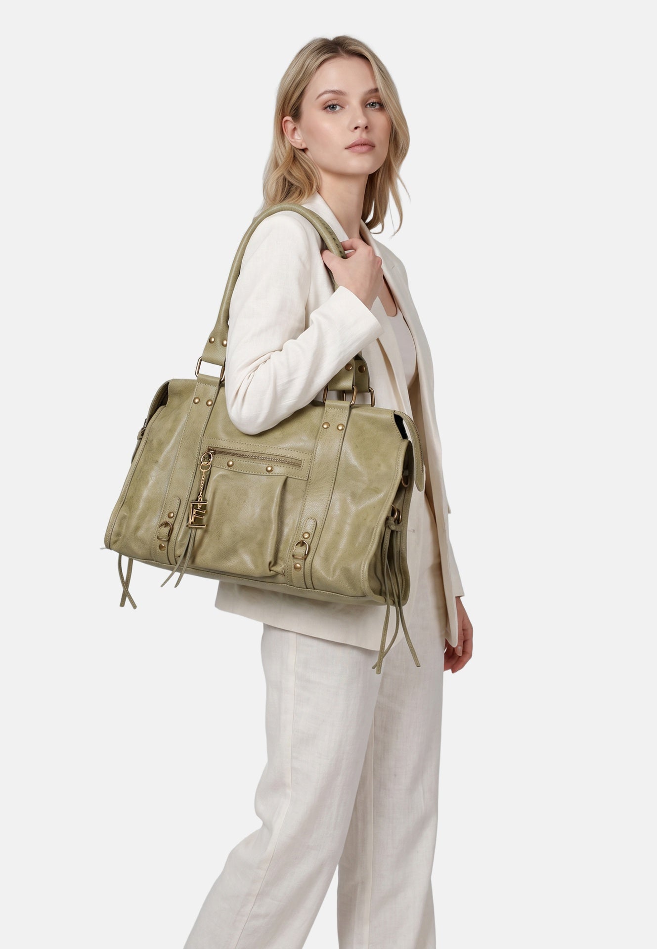 Borsa a Spalla in Genuine Printed Suede Leather Verde