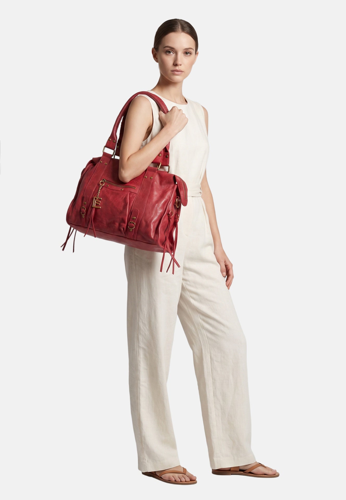 Borsa a Spalla in Genuine Printed Suede Leather Rosso Scuro