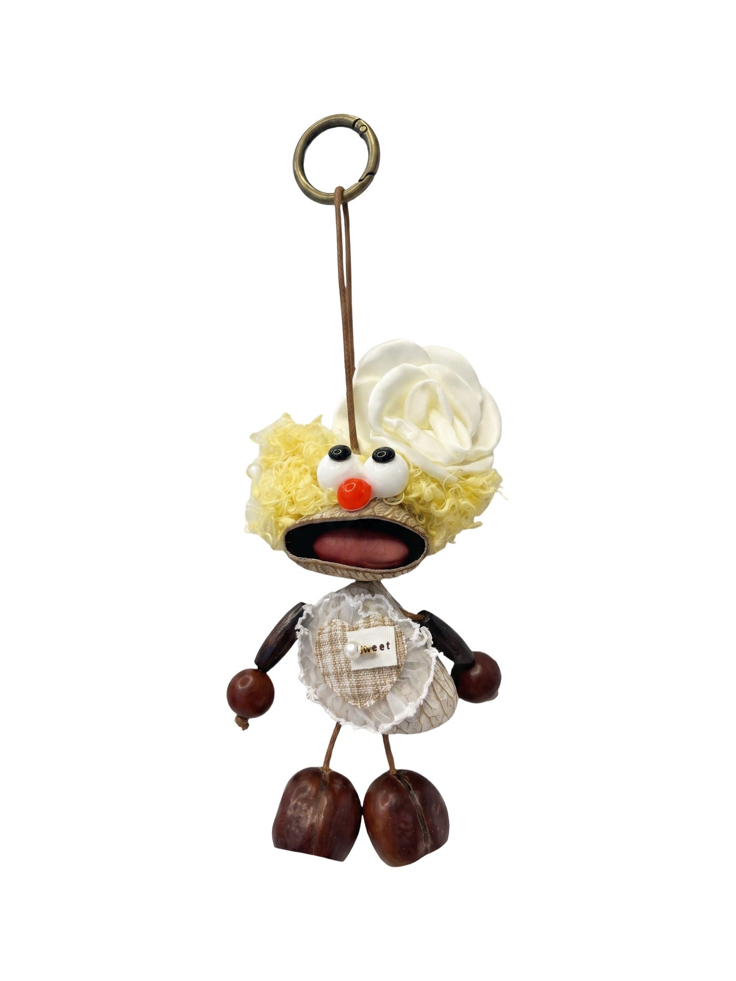 Portachiavi in Mixed Polyester + Wooden Beads + Alloy Beige