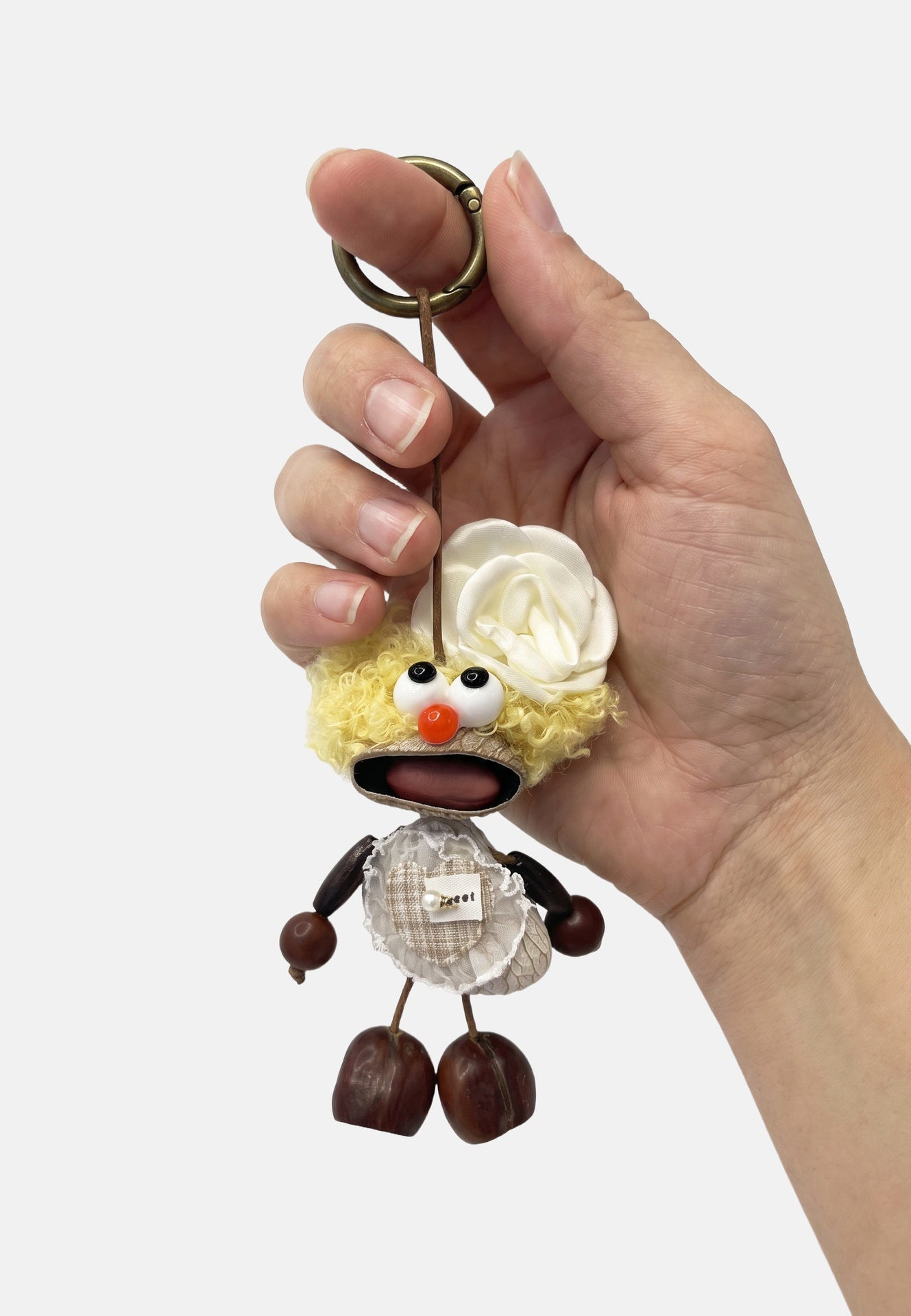 Portachiavi in Mixed Polyester + Wooden Beads + Alloy Beige