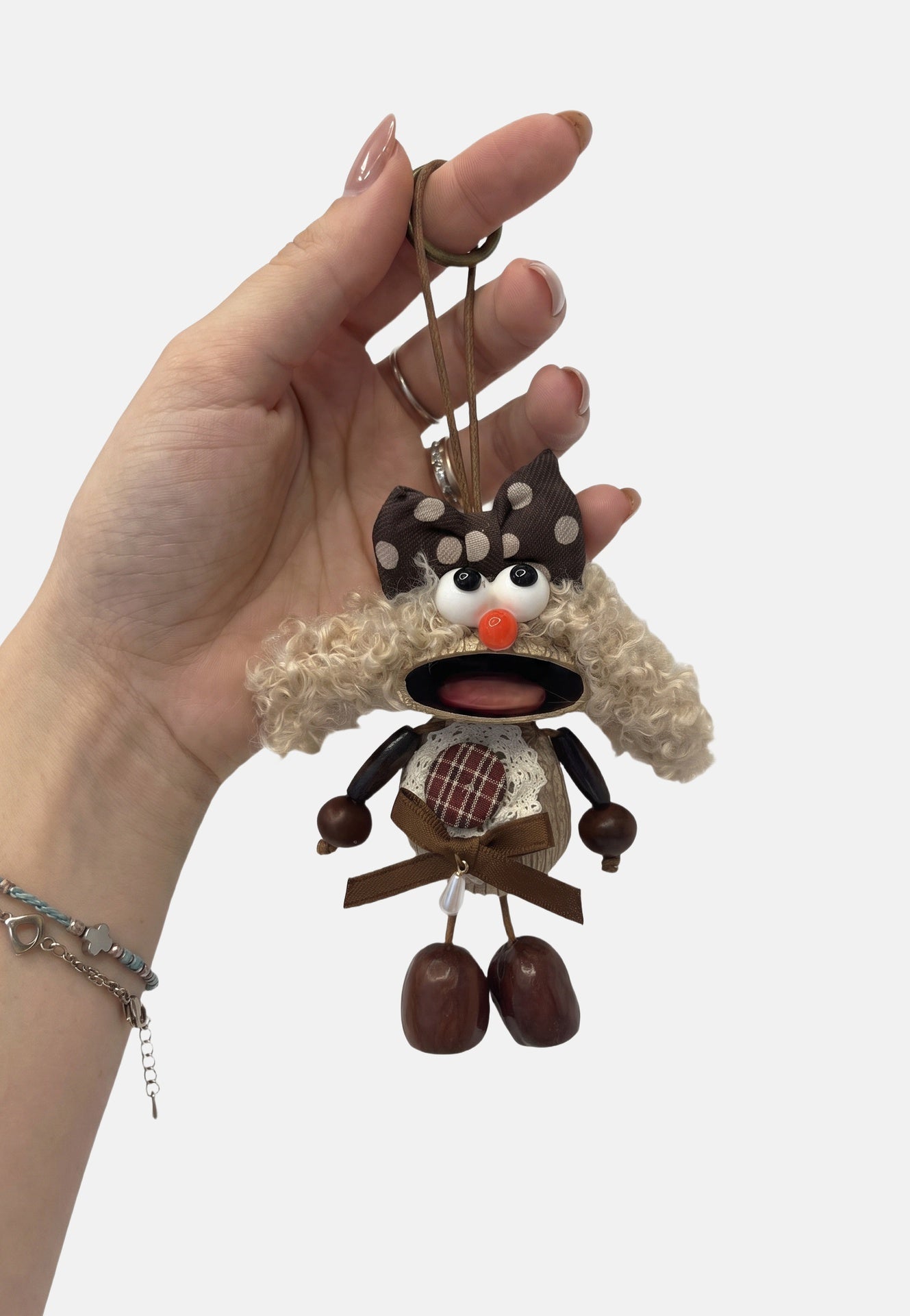 Portachiavi in Mixed Polyester + Wooden Beads + Alloy Marrone