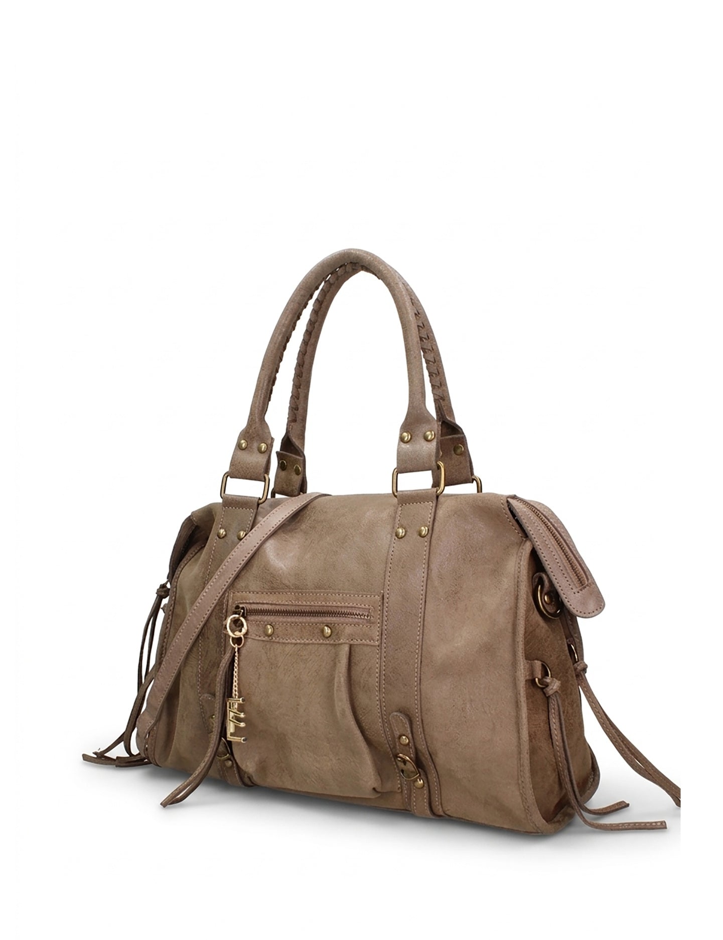 Borsa a Spalla in Genuine Printed Suede Leather Beige Scuro