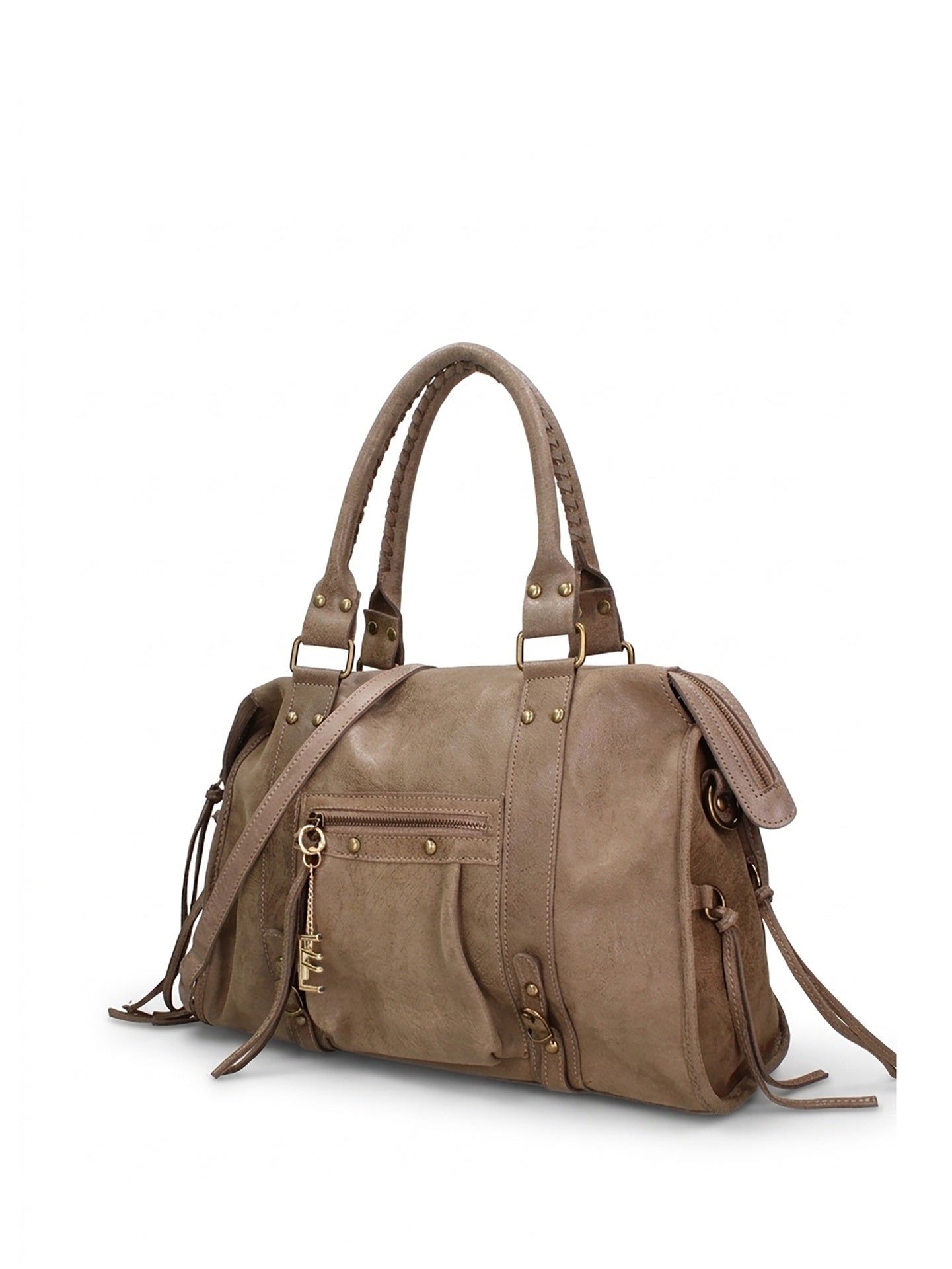 Borsa a Spalla in Genuine Printed Suede Leather Beige Scuro