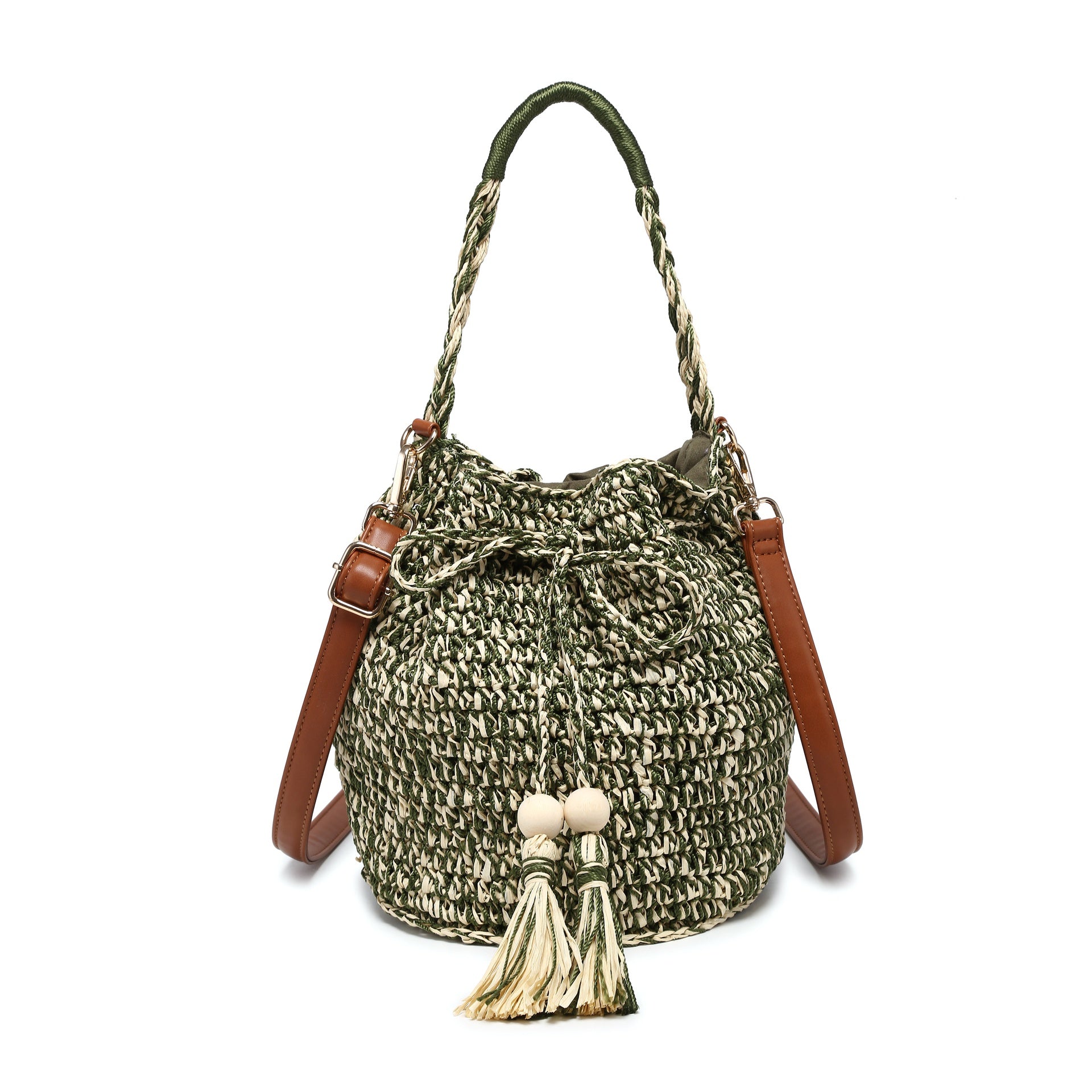 Borsa a Secchiello in Woven Straw Verde