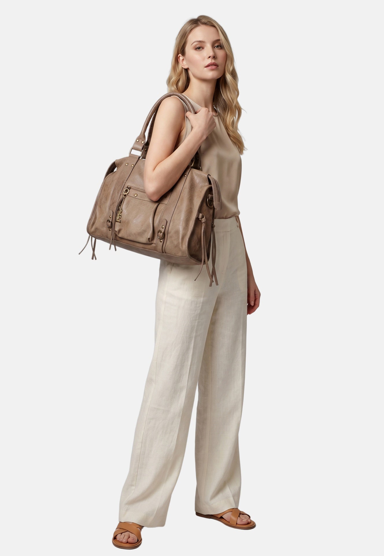 Borsa a Spalla in Genuine Printed Suede Leather Beige Scuro
