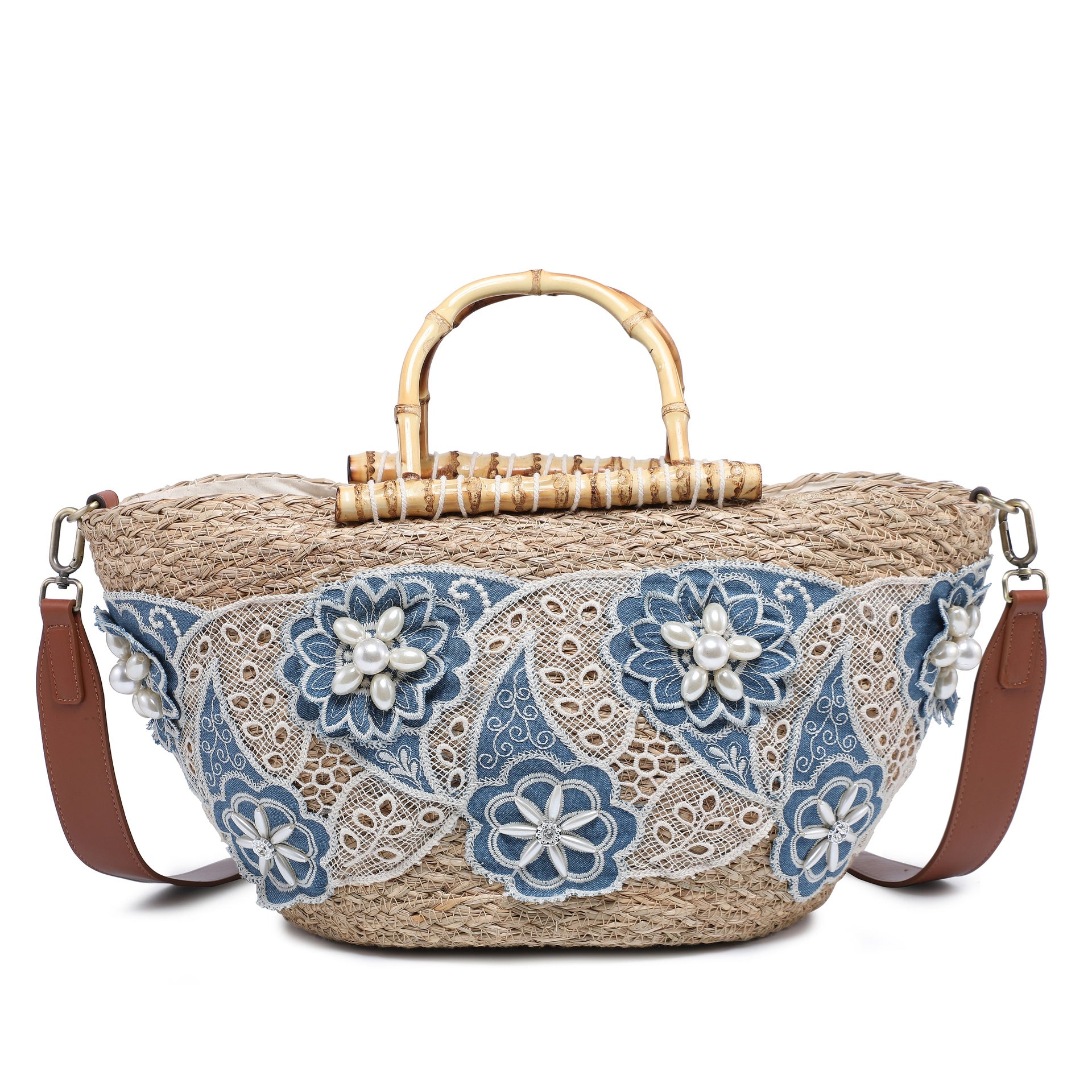 Borsa Shopper in Woven Straw Blu Jeans