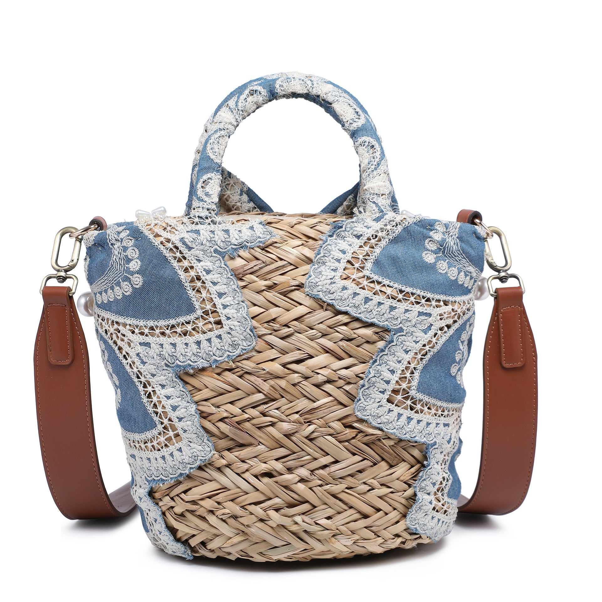 Borsa a Secchiello in Woven Straw Blu Jeans