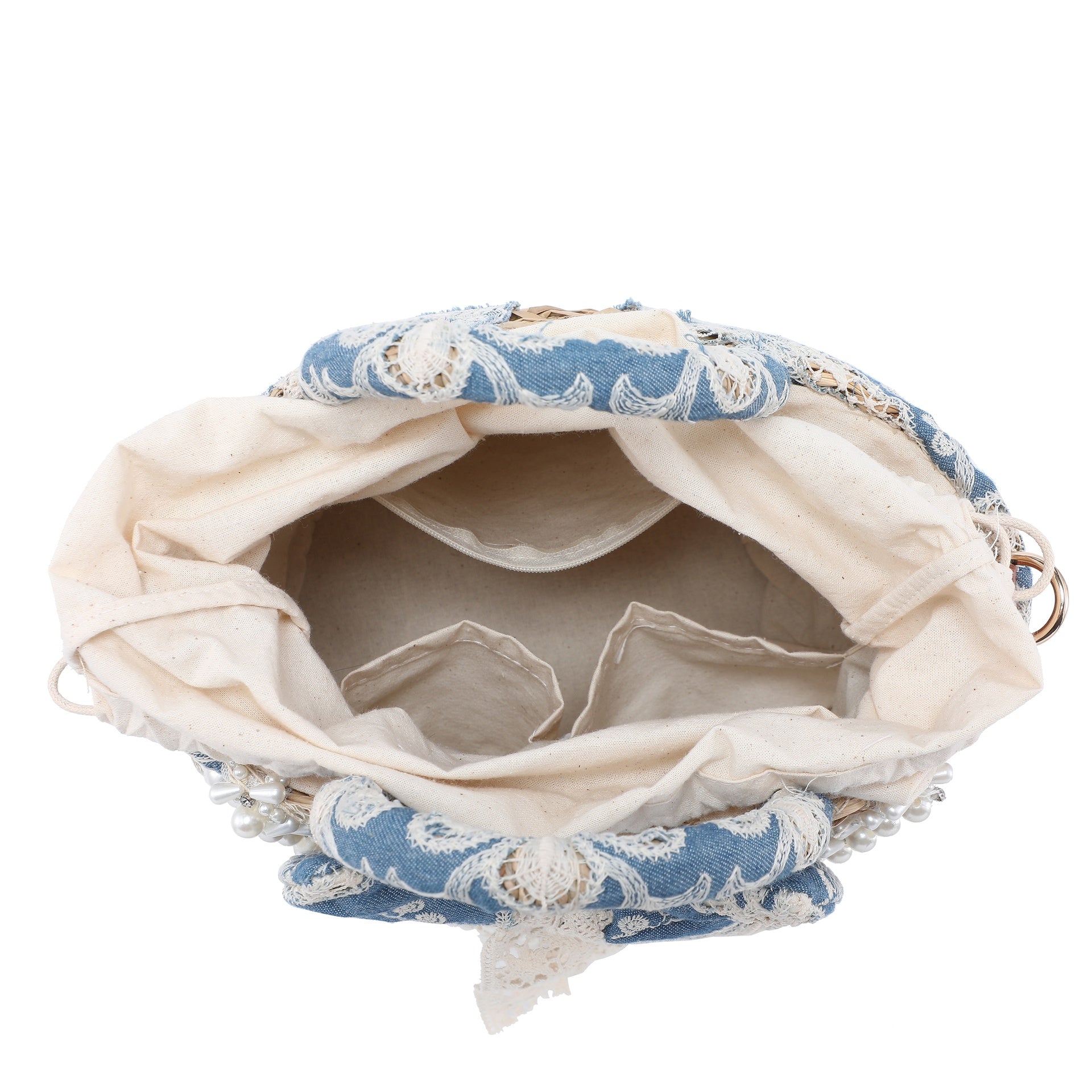 Borsa a Secchiello in Woven Straw Blu Jeans