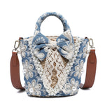 Borsa a Secchiello in Woven Straw Blu Jeans