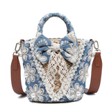 Borsa a Secchiello in Woven Straw Blu Jeans