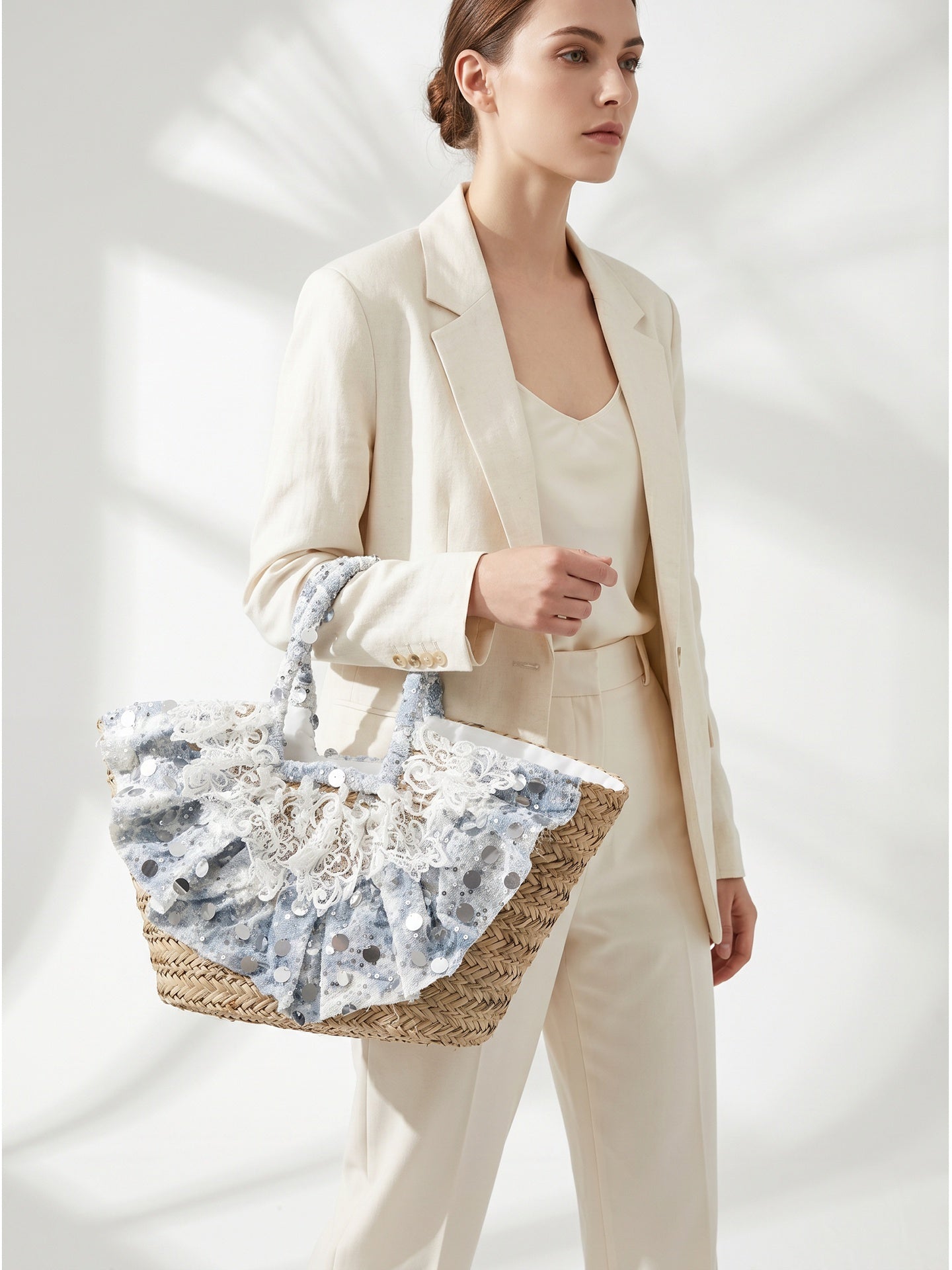 Borsa Shopper in Woven Straw Blu Jeans