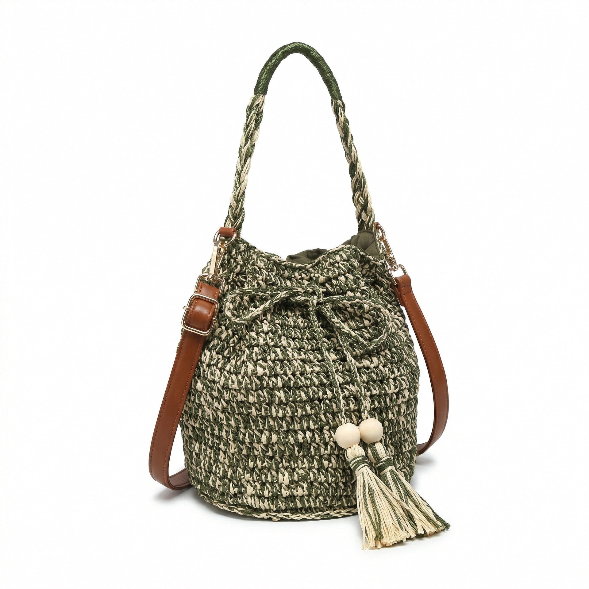 Borsa a Secchiello in Woven Straw Verde