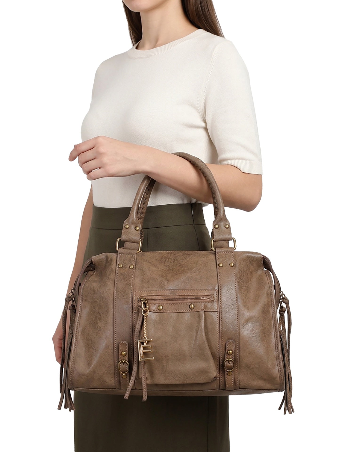 Borsa a Spalla in Genuine Printed Suede Leather Beige Scuro