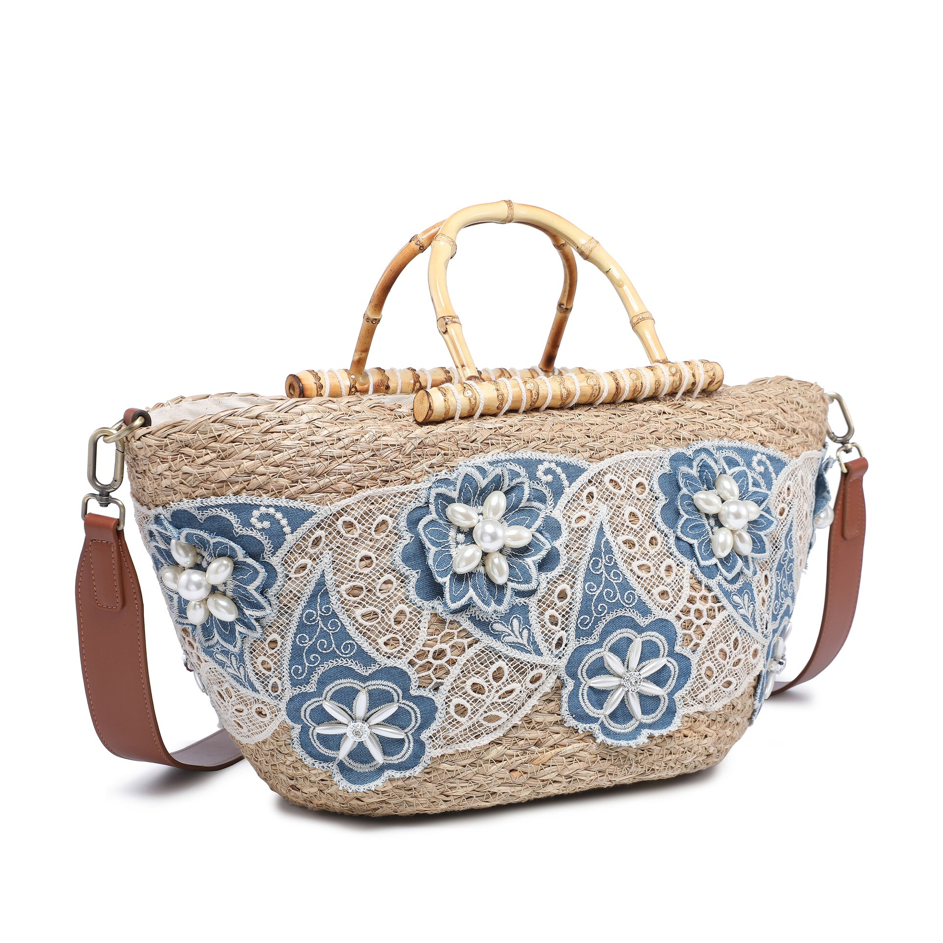 Borsa Shopper in Woven Straw Blu Jeans