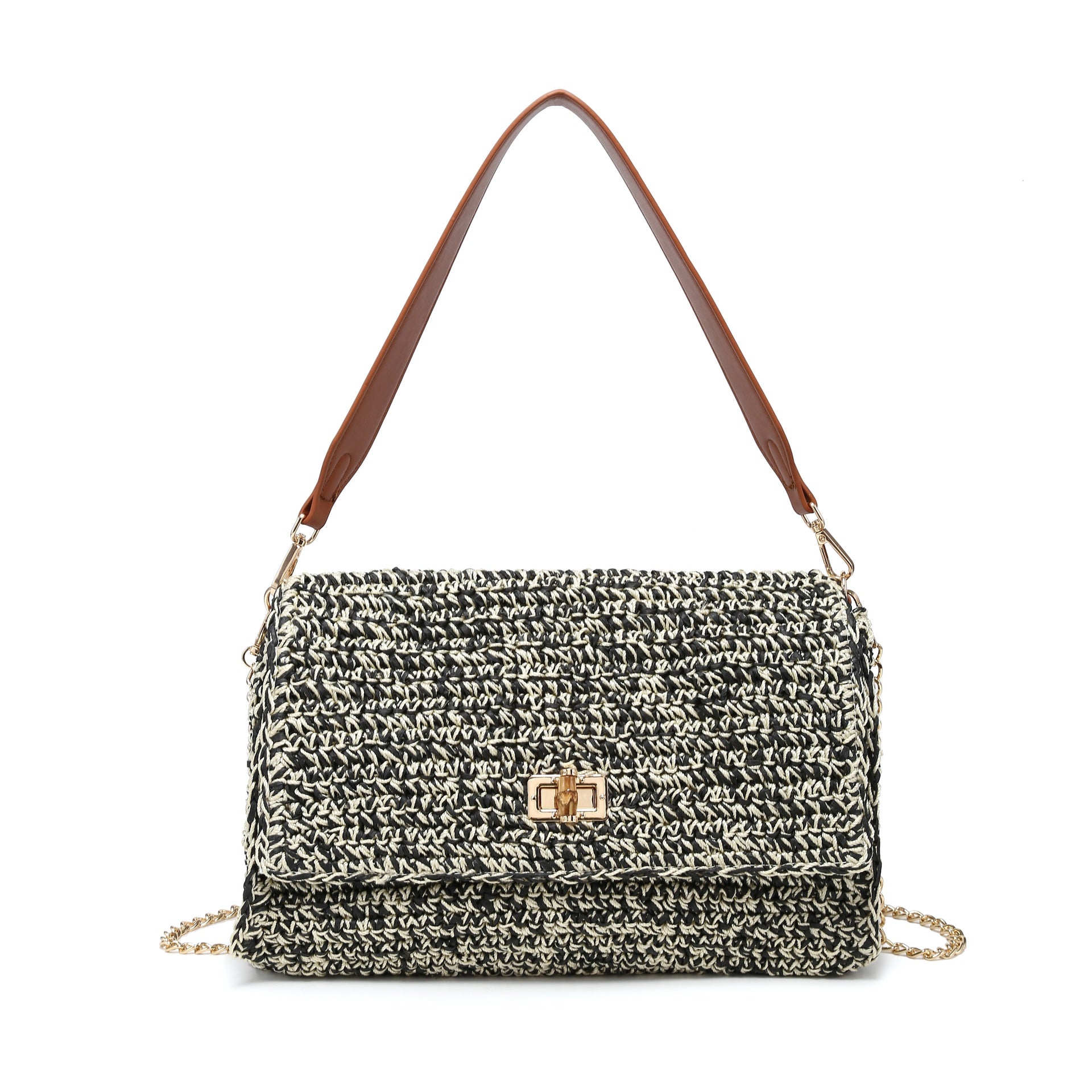 Borsa a Tracolla in Woven Straw Nero