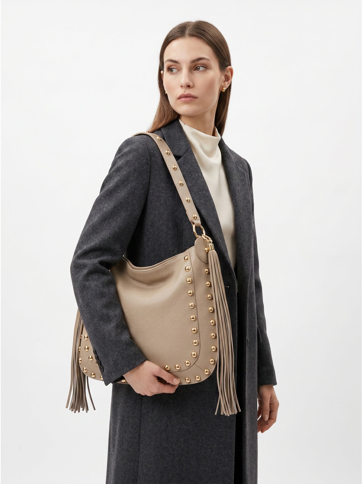 Borsa a Spalla in Dollaro Leather Beige Scuro
