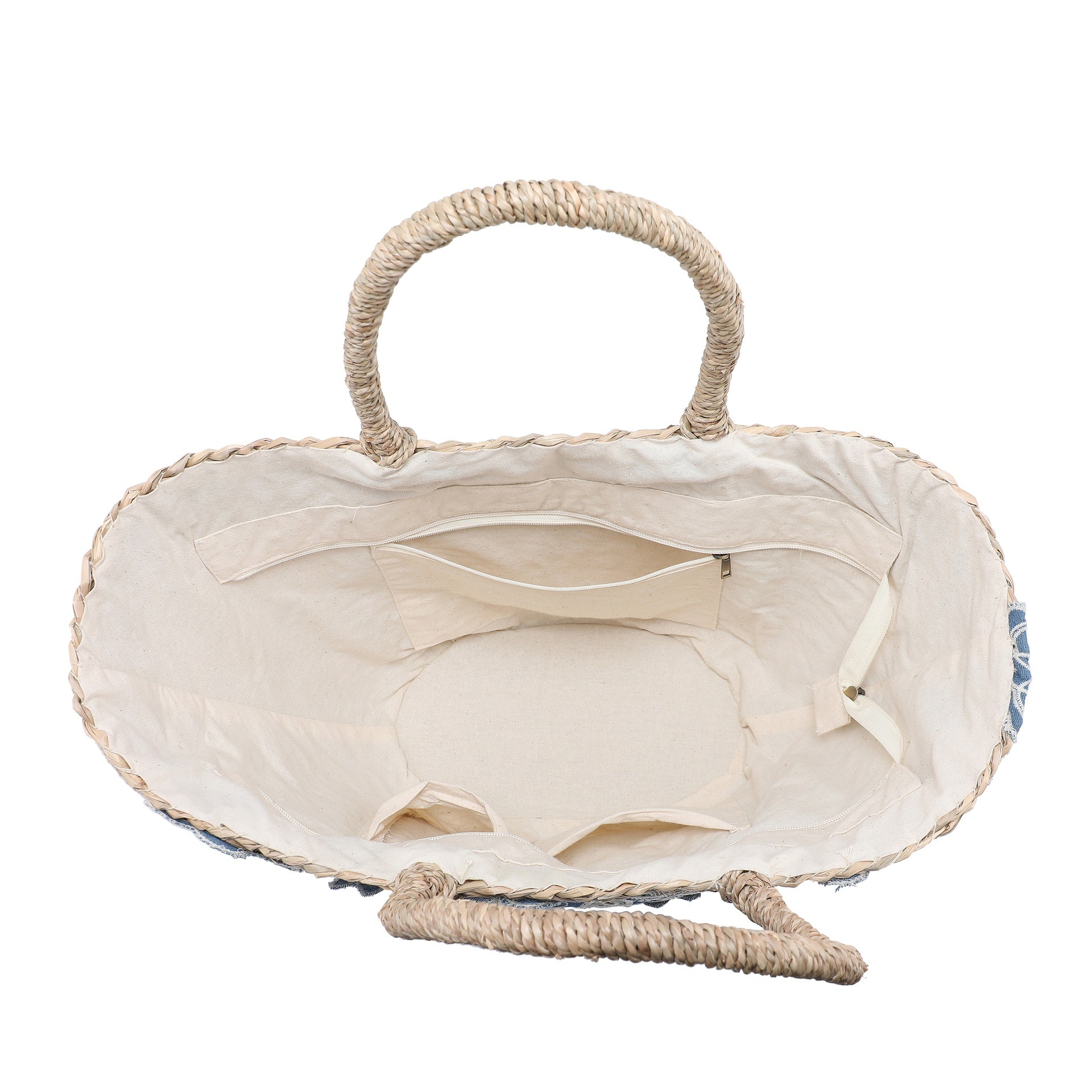 Borsa Shopper in Woven Straw Blu Jeans