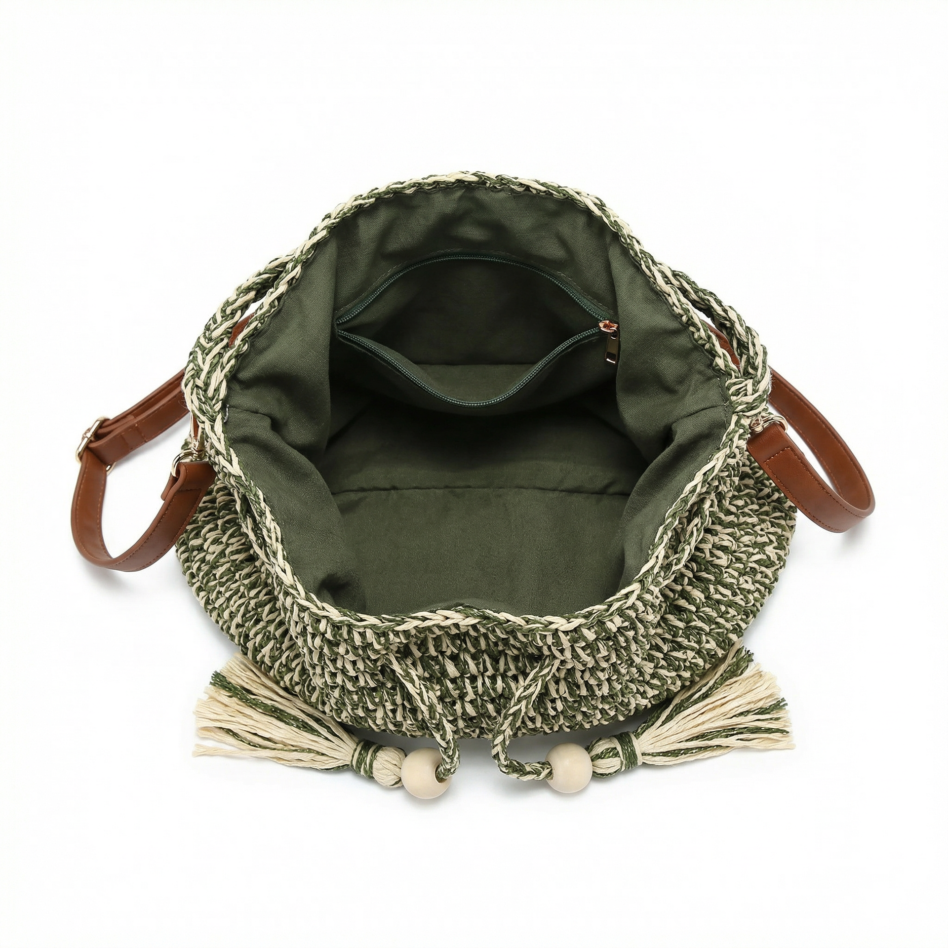 Borsa a Secchiello in Woven Straw Verde