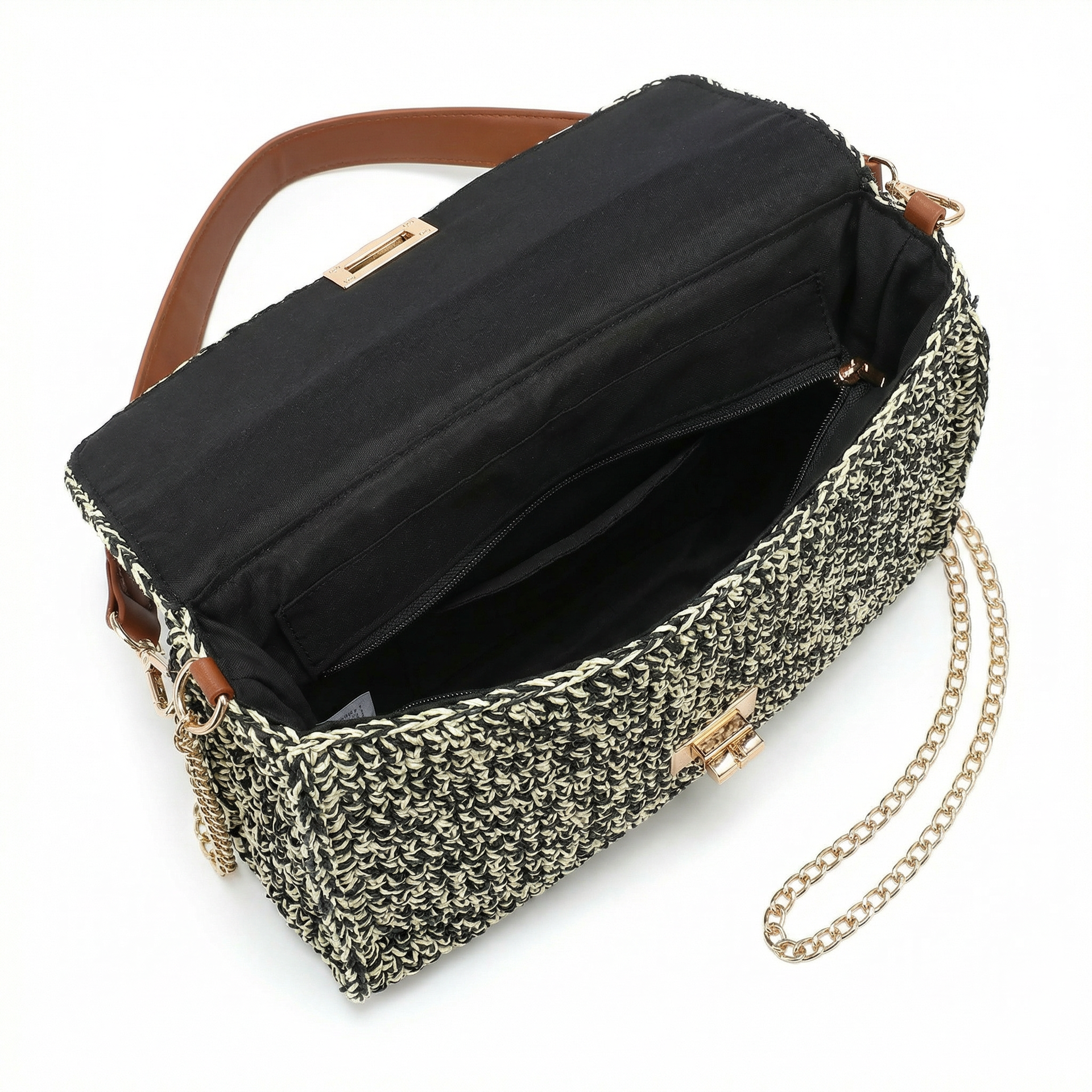 Borsa a Tracolla in Woven Straw Nero