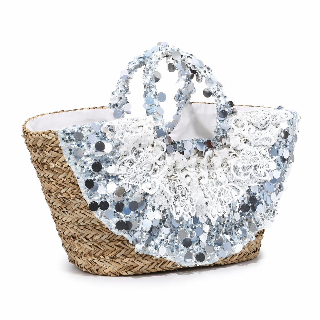 Borsa Shopper in Woven Straw Blu Jeans
