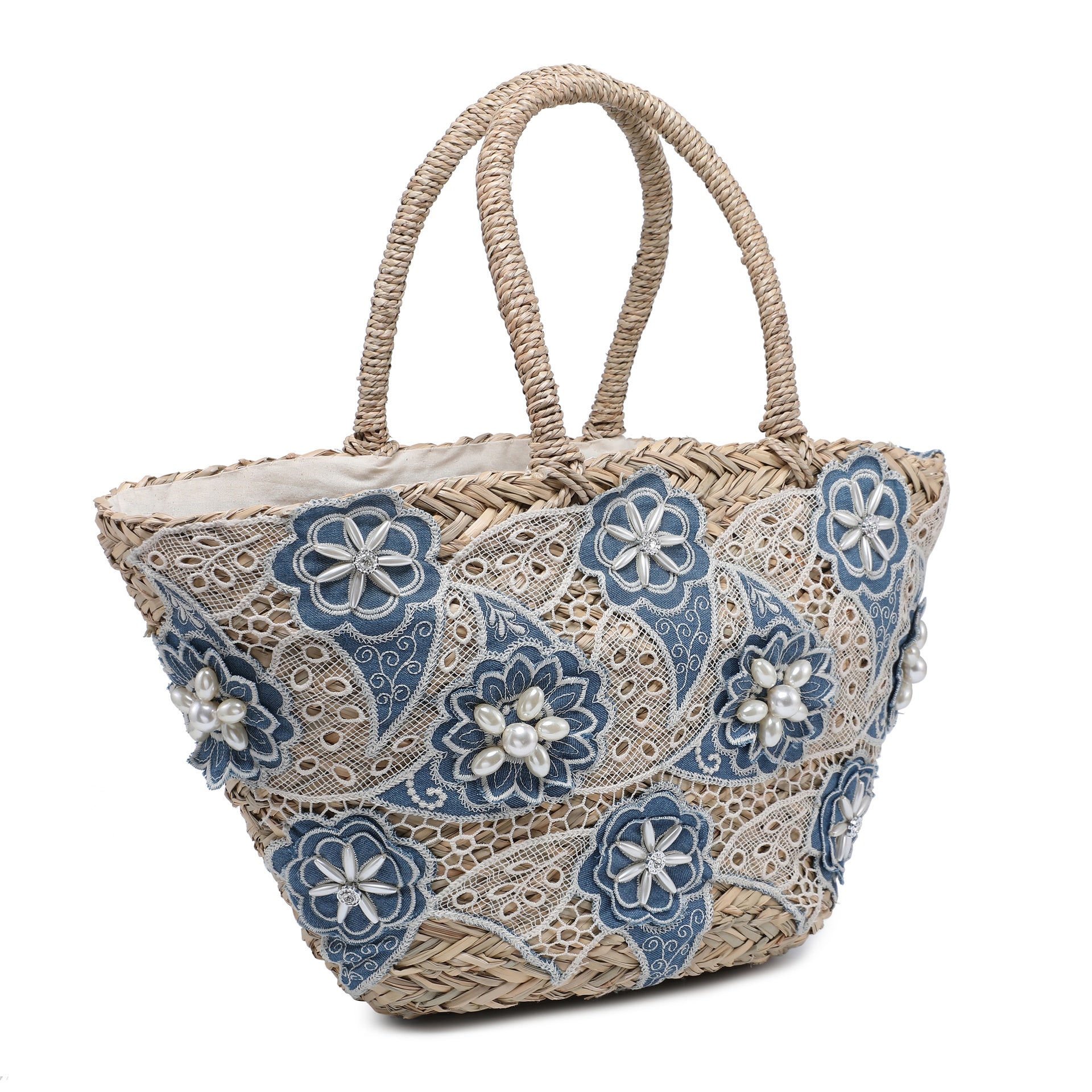 Borsa Shopper in Woven Straw Blu Jeans