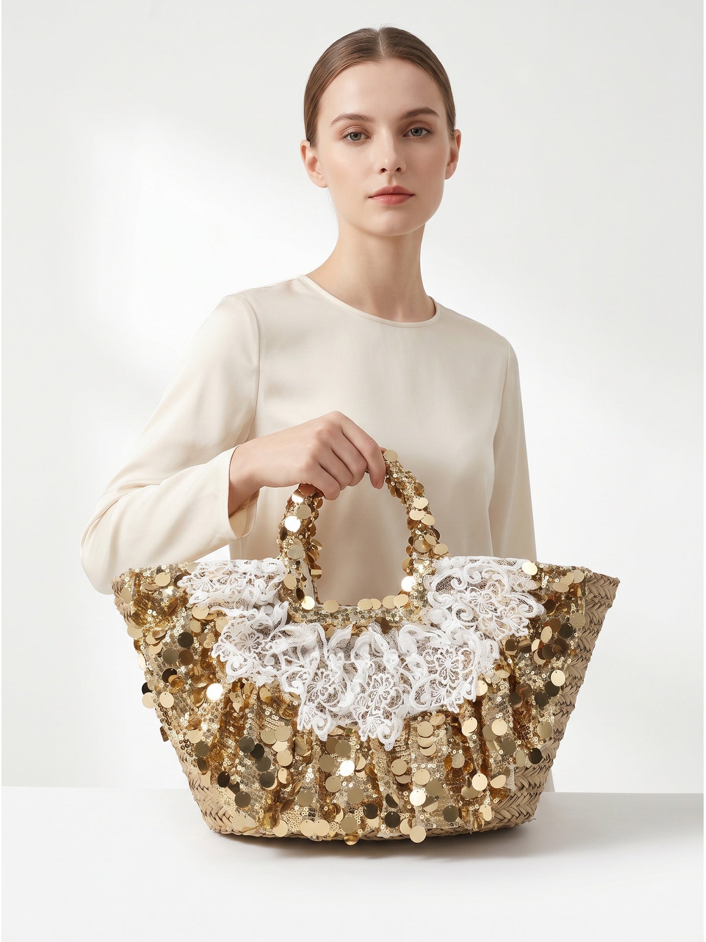 Borsa Shopper in Woven Straw Oro