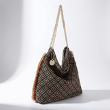Bolso de hombro de poliéster negro y beige
