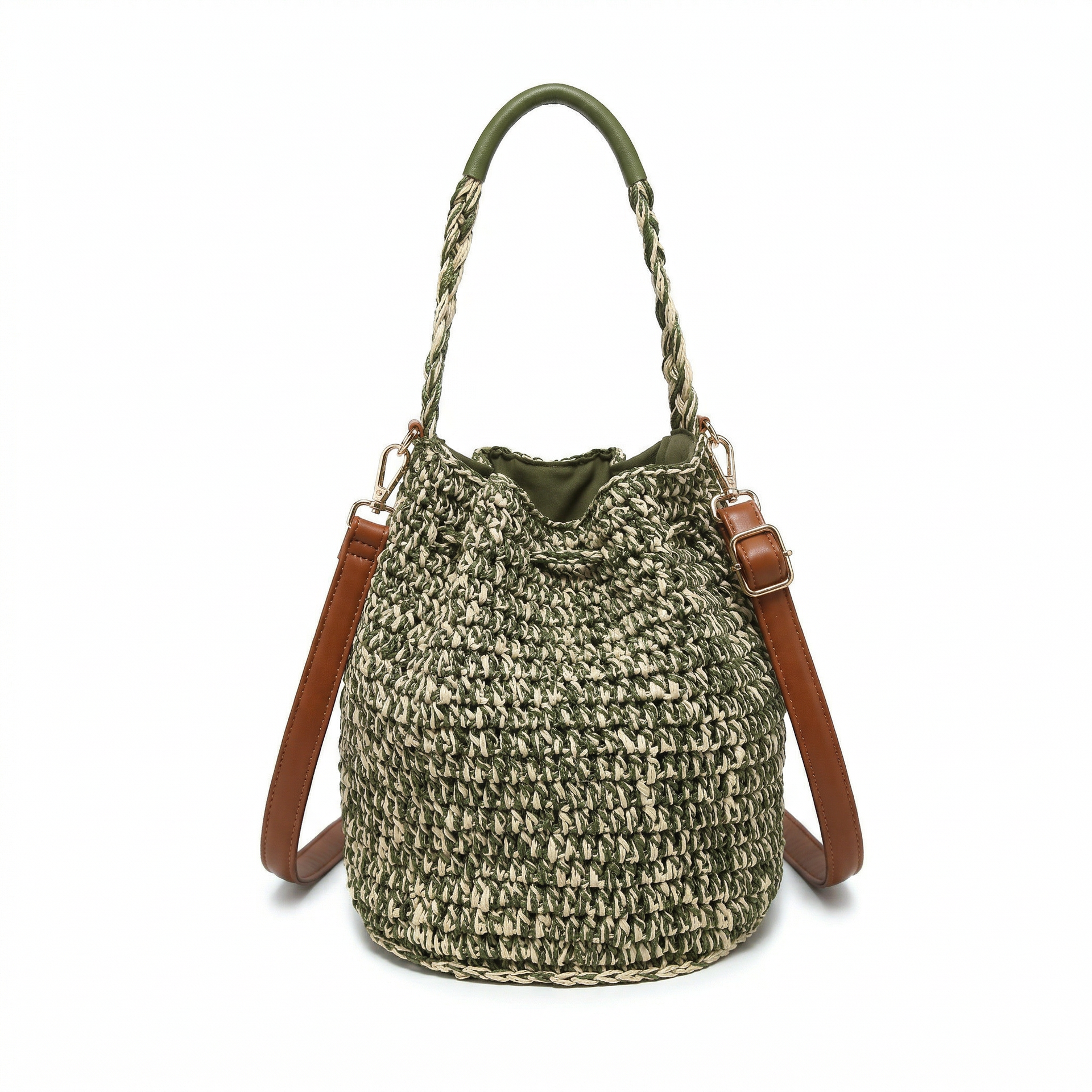 Borsa a Secchiello in Woven Straw Verde
