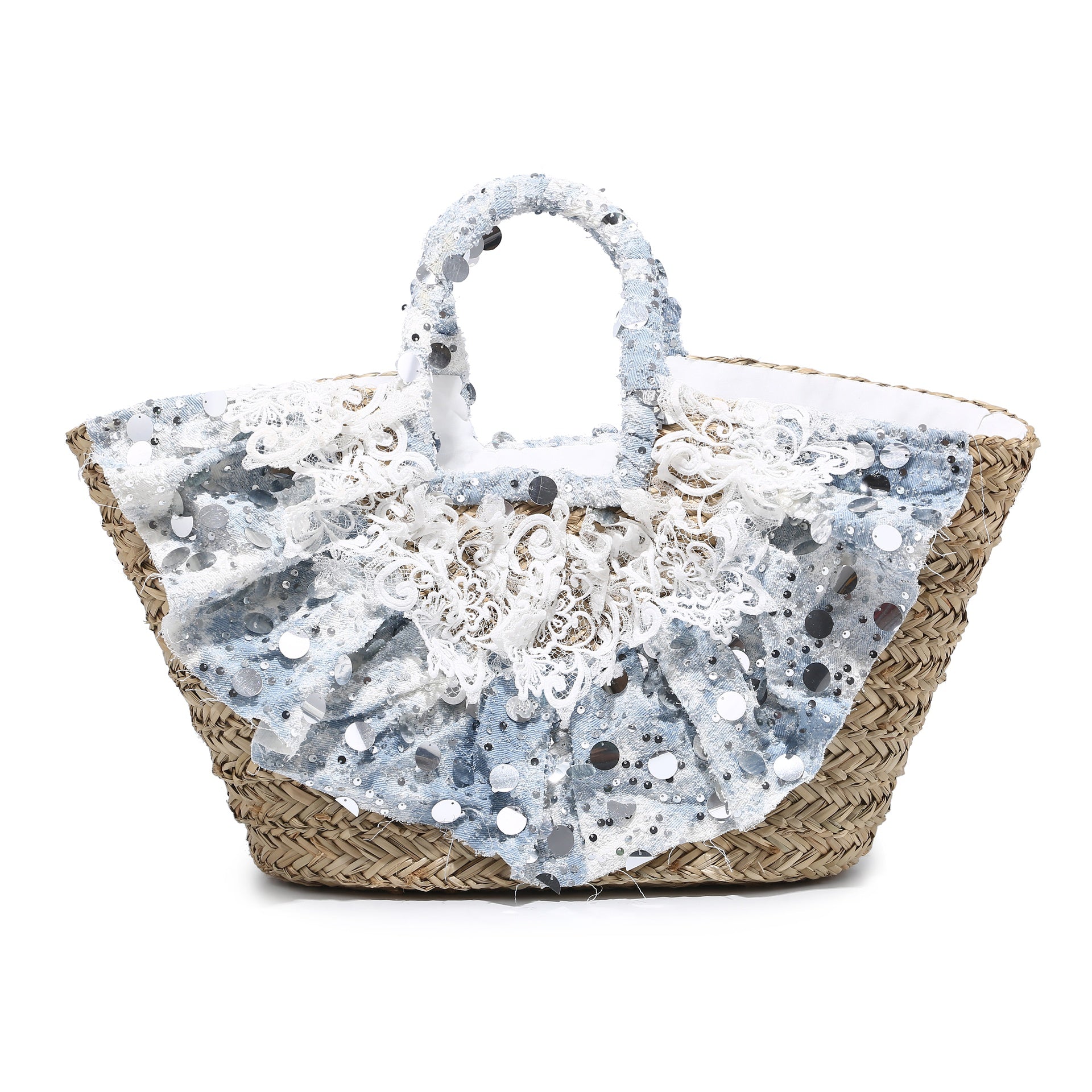 Borsa Shopper in Woven Straw Blu Jeans