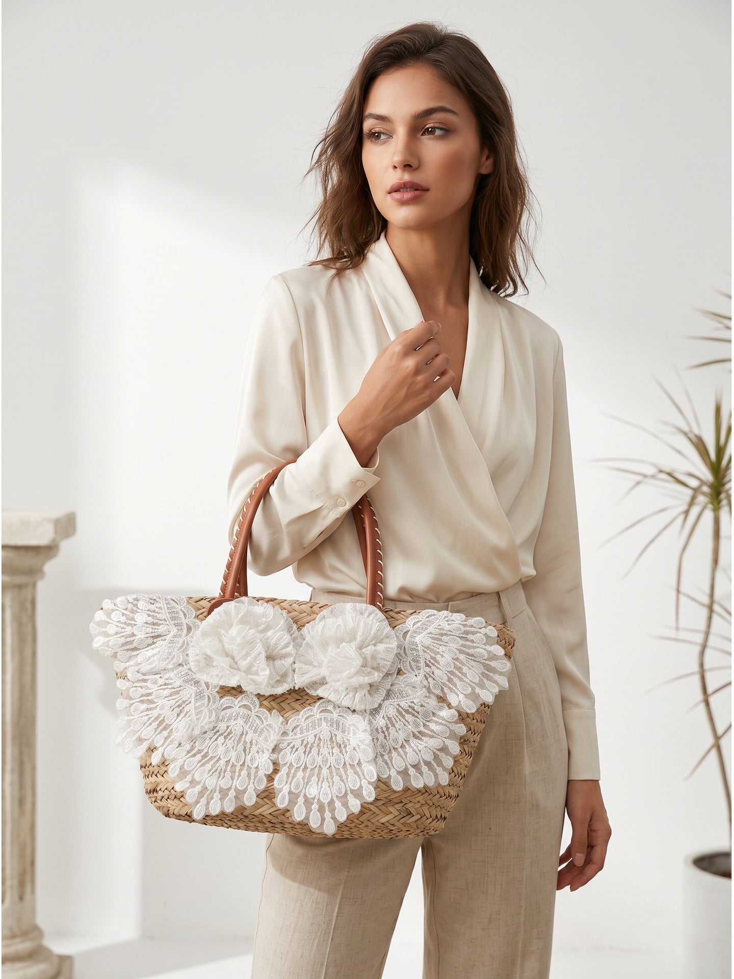 Borsa Shopper in Rattan Bianco