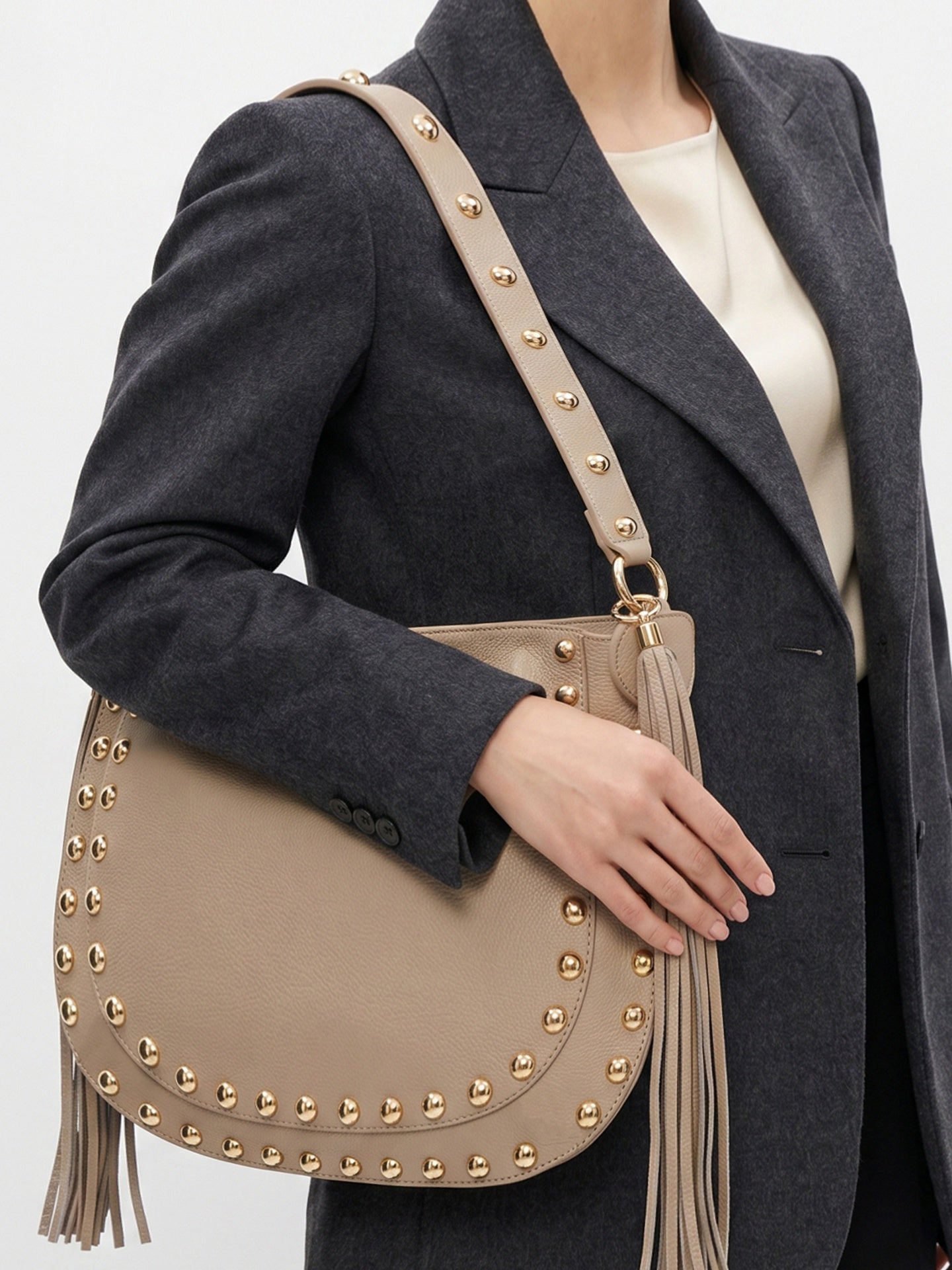 Borsa a Spalla in Dollaro Leather Beige Scuro