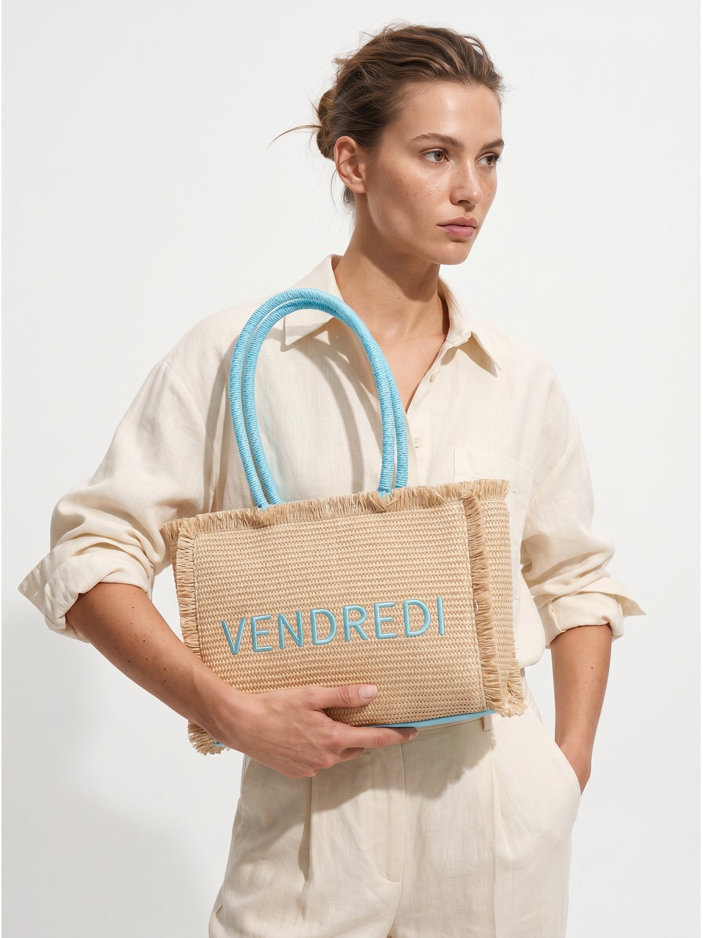 Borsa a Mano in Woven Straw Blu