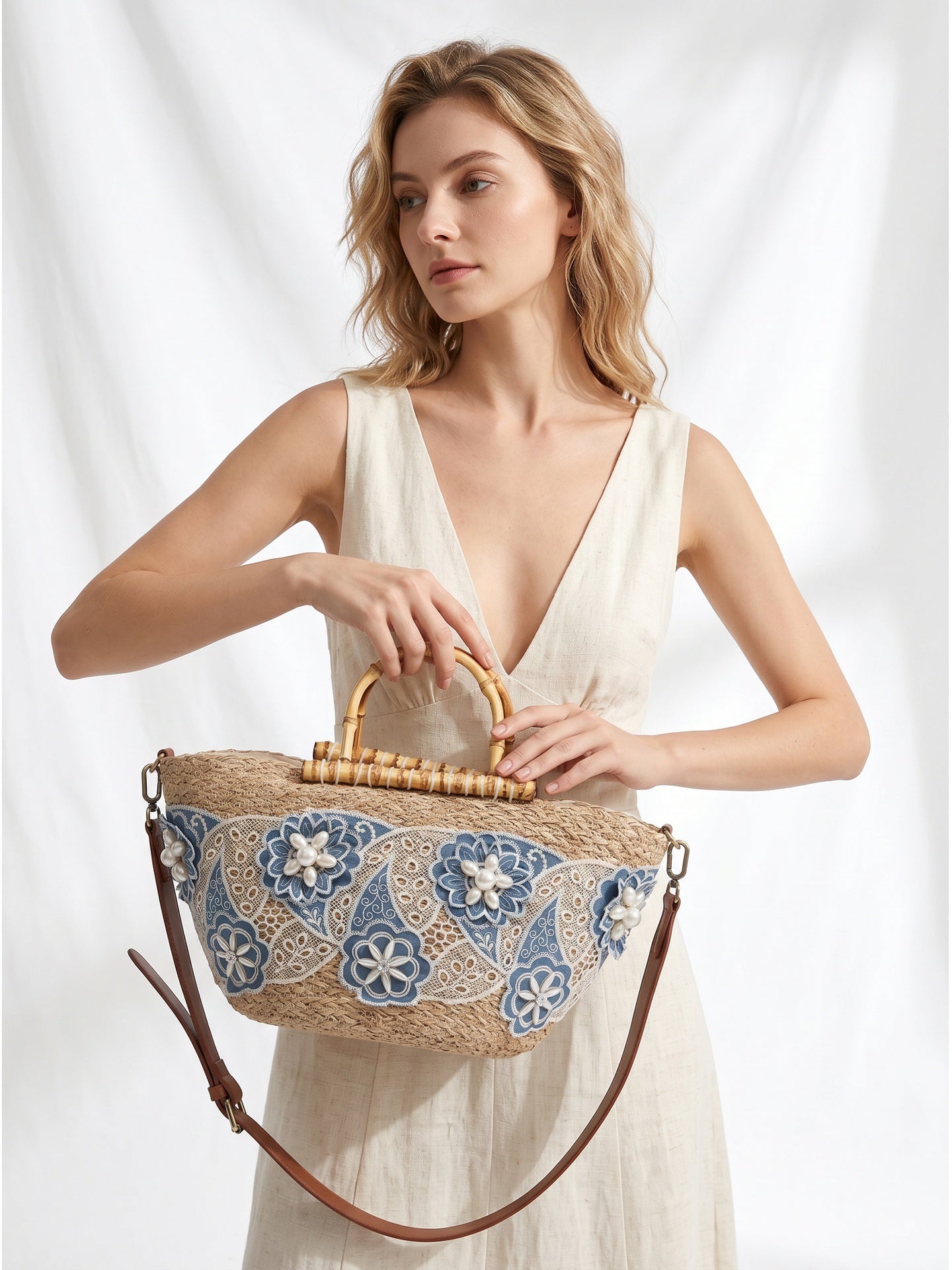 Borsa Shopper in Woven Straw Blu Jeans