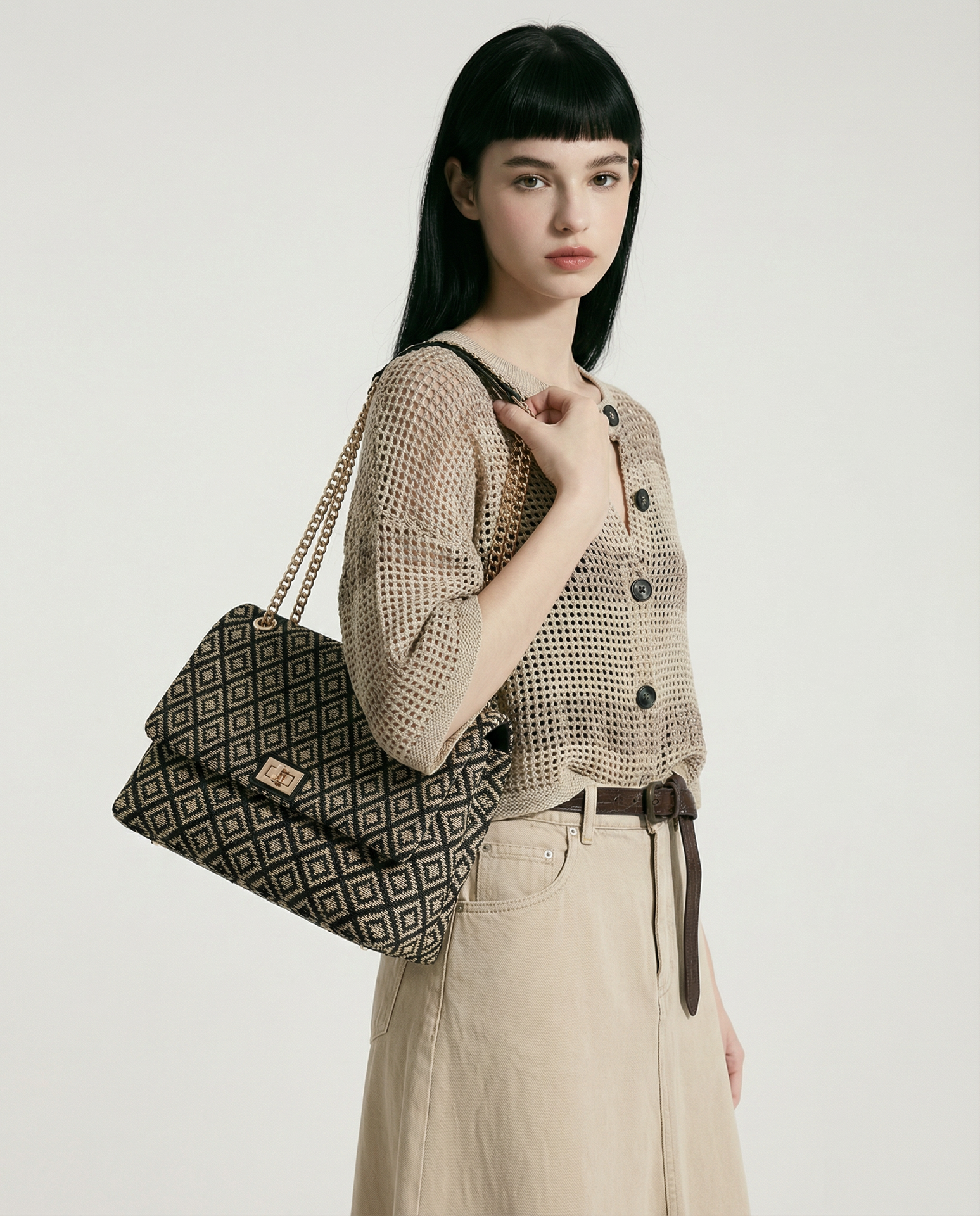 Borsa a Spalla in Poliestere Nero e Beige Kassandra