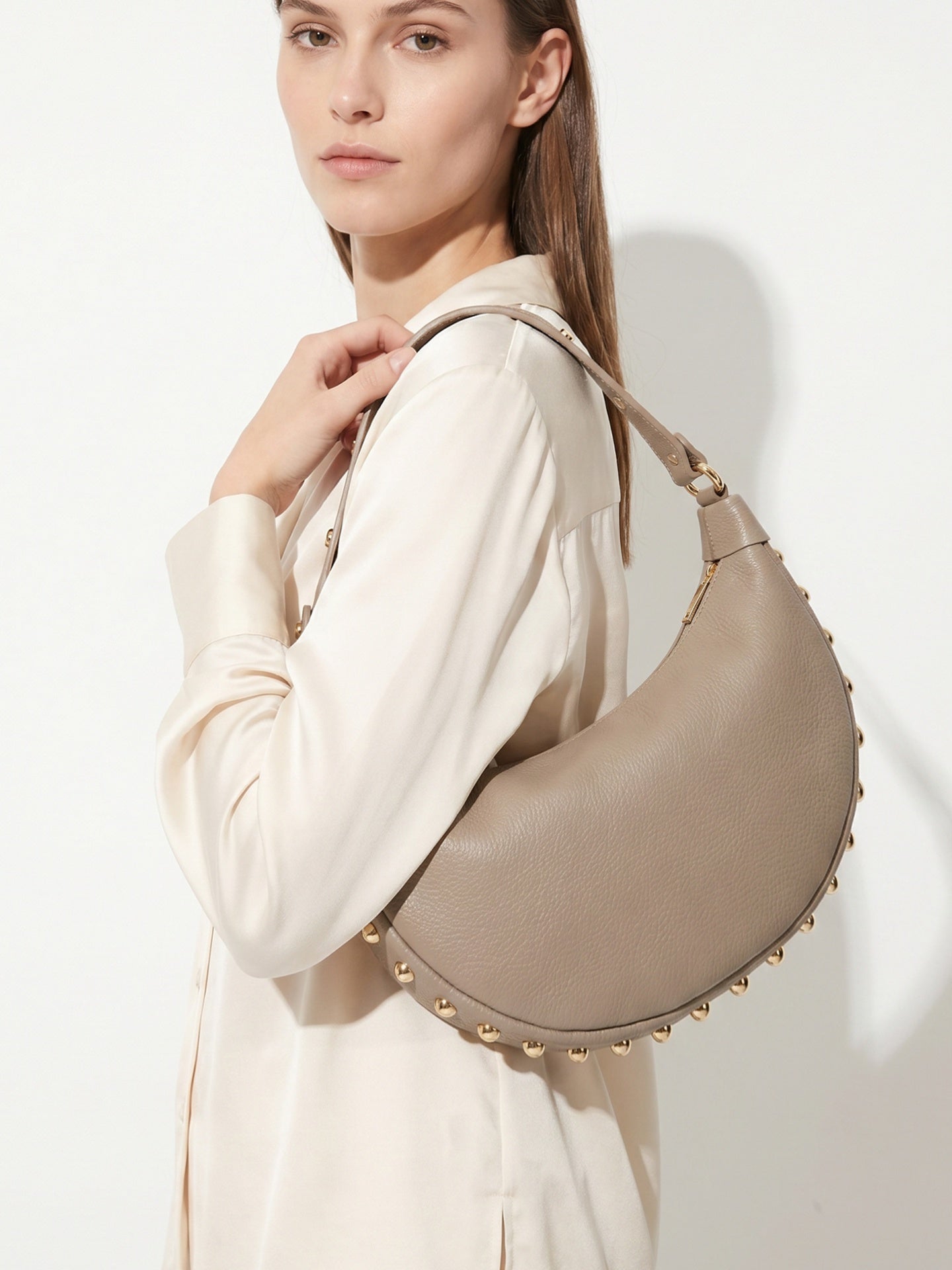 Borsa a Tracolla in Dollaro Leather Beige Scuro