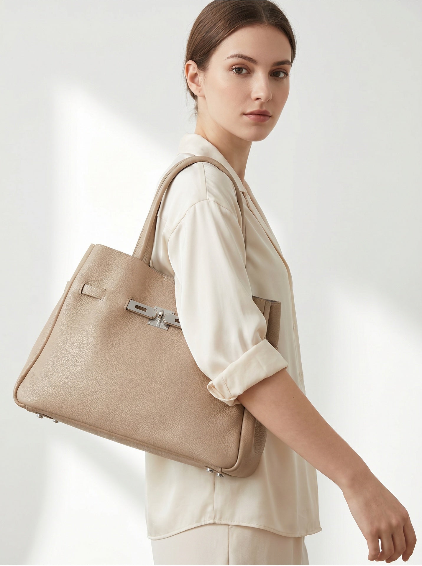 Borsa a Tracolla in Dollaro Leather Beige Scuro