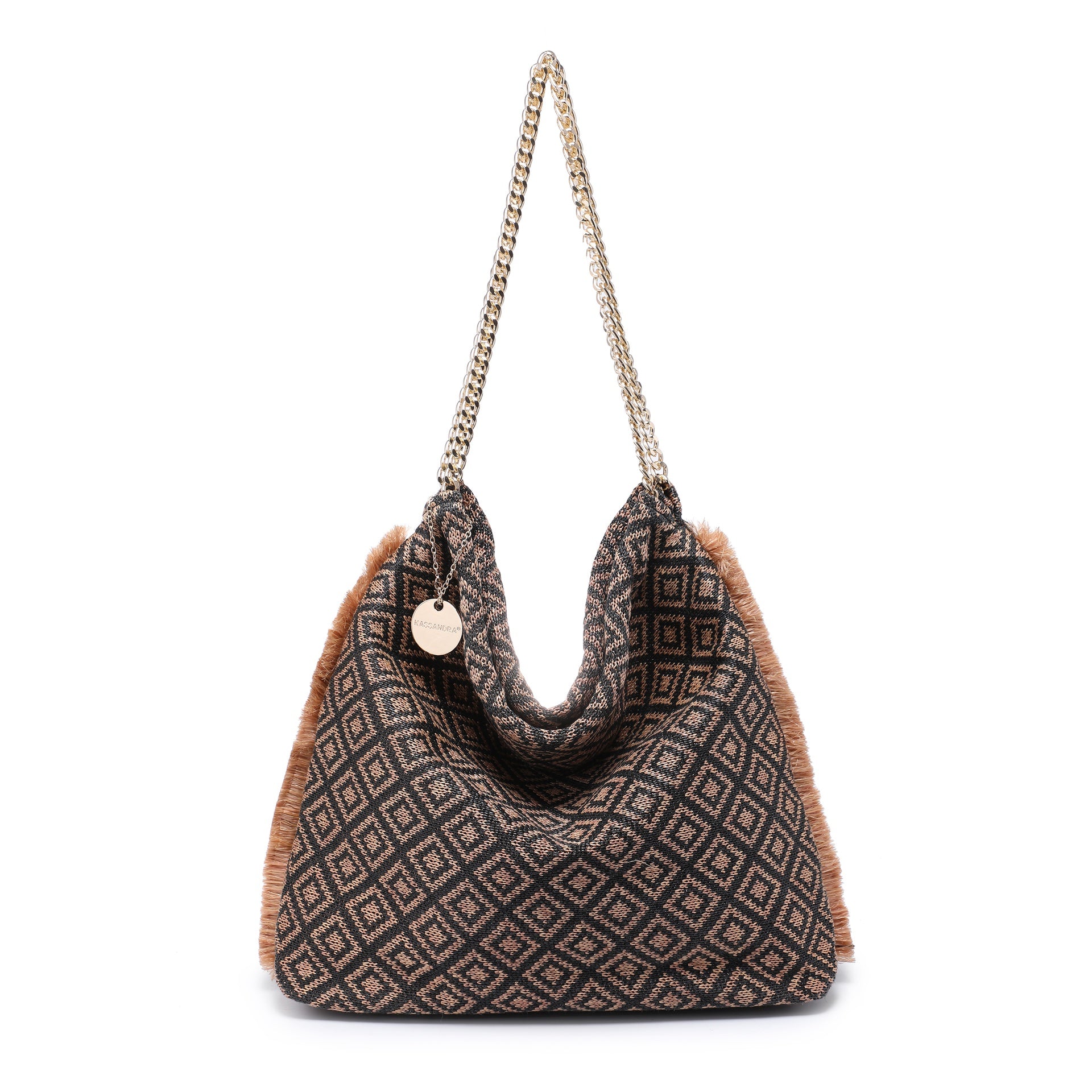 Bolso de hombro de poliéster negro y marrón
