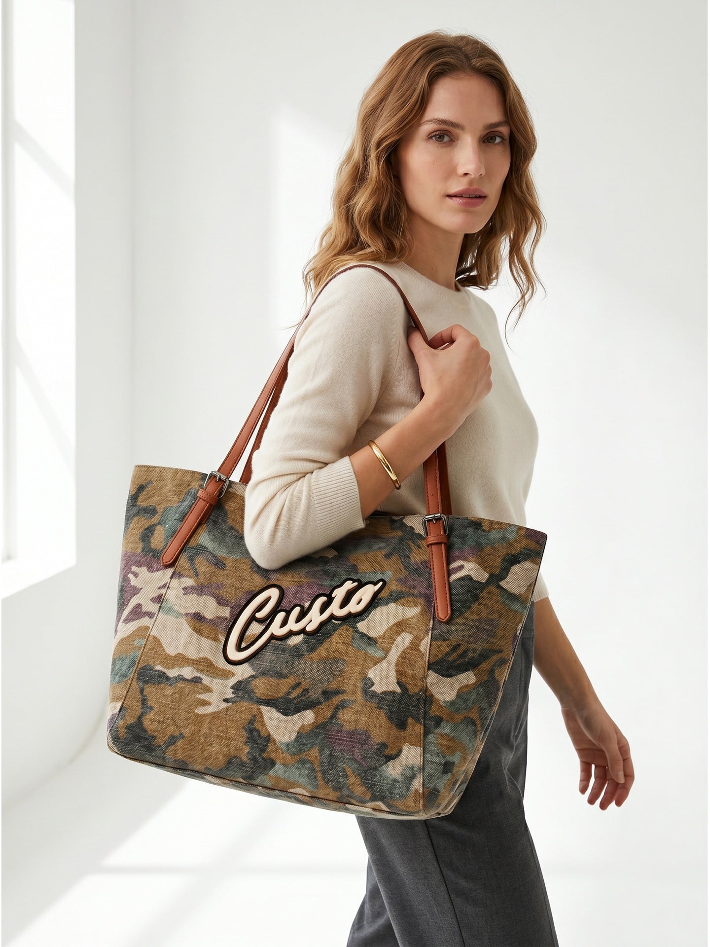 Borsa a Mano in Pelle Vegana Verde Militare