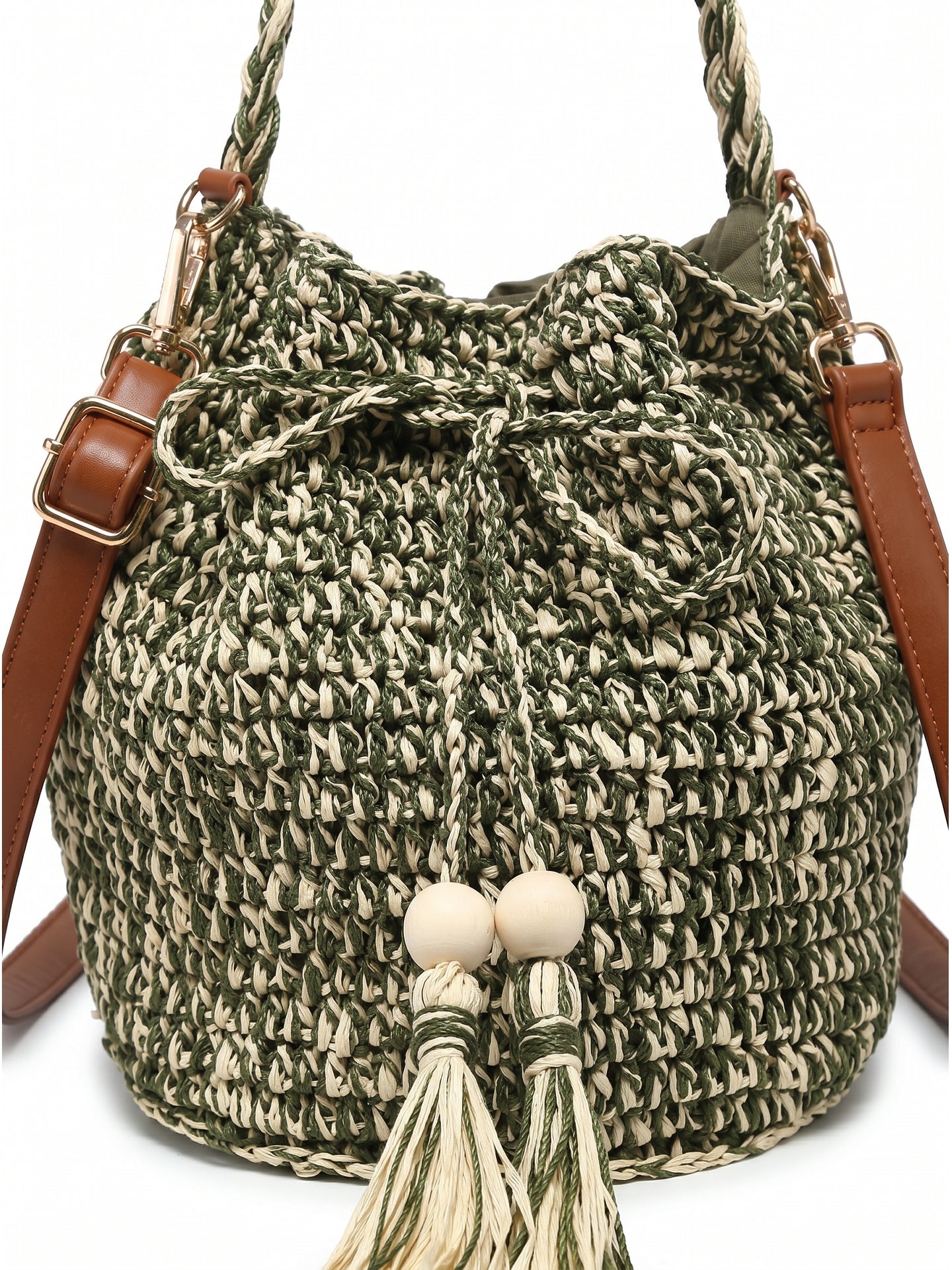 Borsa a Secchiello in Woven Straw Verde