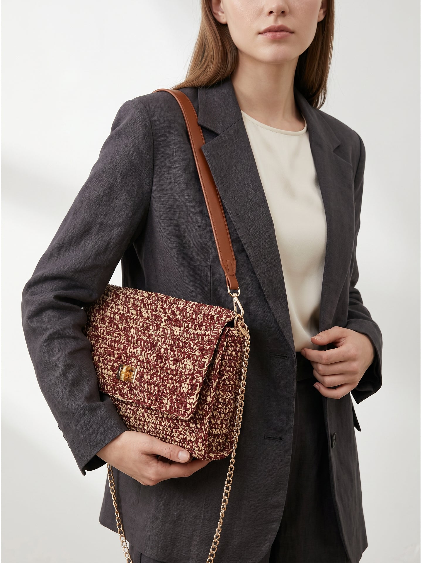 Borsa a Tracolla in Woven Straw Bordeaux