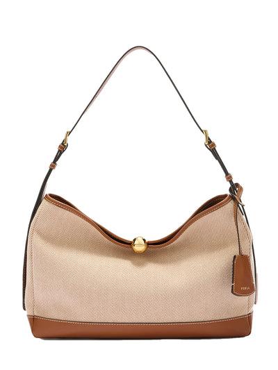 Borsa a Spalla in Pelle Vegana + Tessuto Cognac